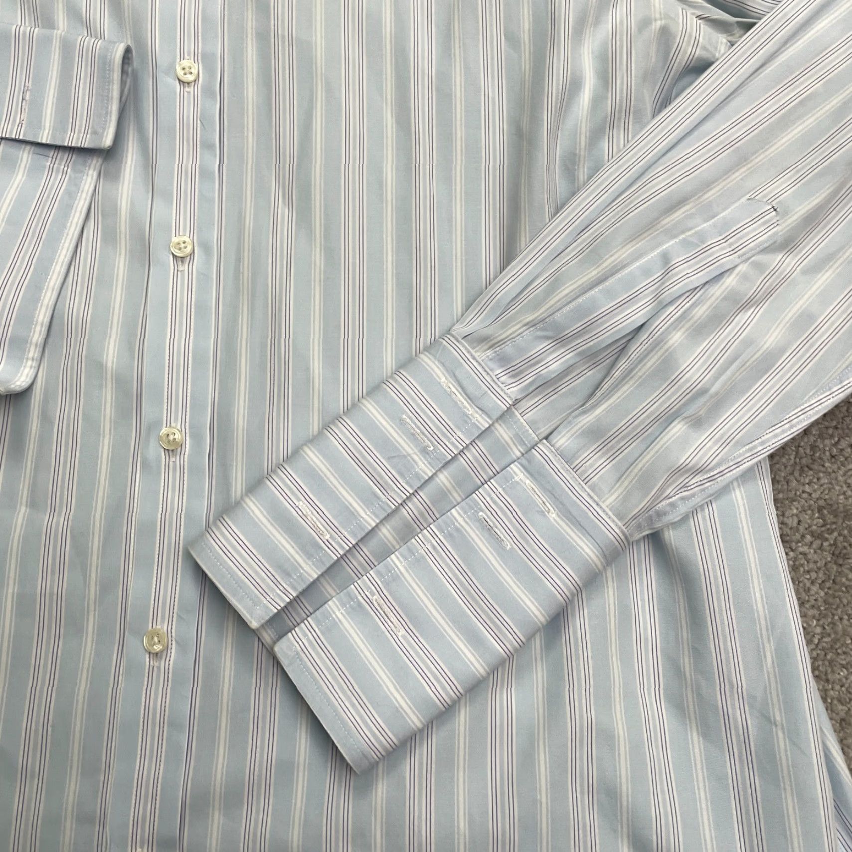Pinko Thomas Pink Dress Shirt Mens 16 34.5 Blue Striped Jermyn Street Finest Cotton Button-Down Collar 16 in Neck French Cuff Regular Size 34R - 4 Thumbnail