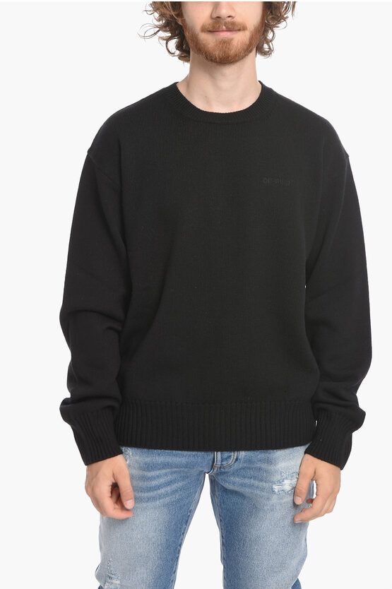 image of Off White Permanent Crew Neck Wool Sweater With Embroidered Logo in Black, Men's (Size 2XS)
