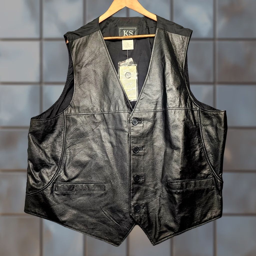 Vintage KS Leather Vest Mens 3XL Black Genuine Button Front Waistcoat Back Buckle Lined Size US XXL / EU 58 / 5 - 1 Thumbnail
