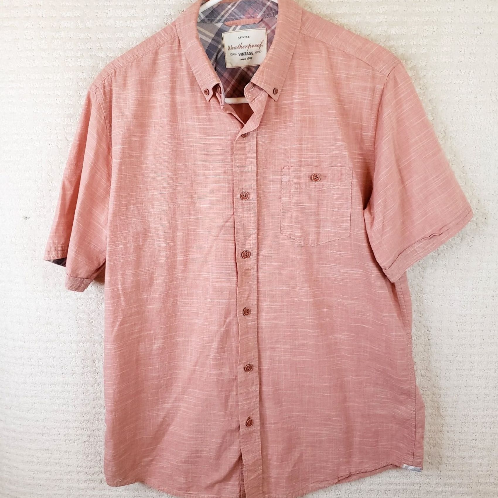 Weatherproof Weatherproof Vintage Shirt Mens Medium Pink Solid Short Sleeve Button Up Cotton Size US M / EU 48-50 / 2 - 2 Thumbnail