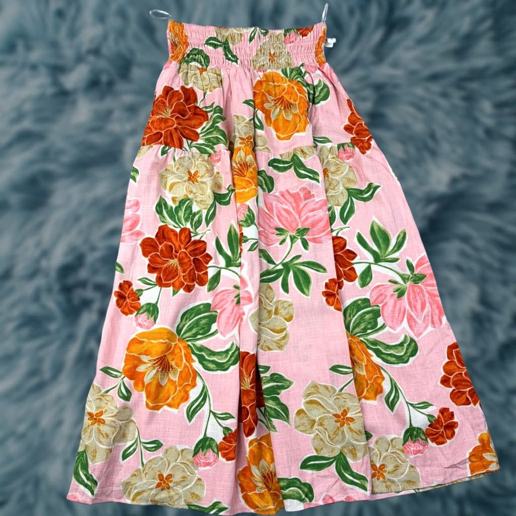 Vintage Paper Heart Floral Maxi Skirt XL Pink Linen Blend Smocked Tiered Boho Tropical Linen Rayon Smocked Elastic Waist Pockets Pink Floral Size 40" / US 18 - 1 Thumbnail