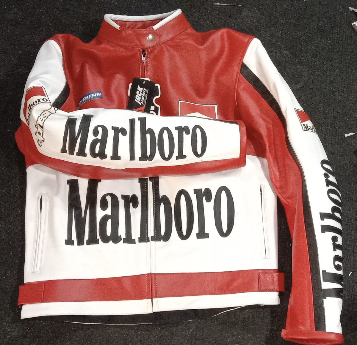 Genuine Leather × Marlboro Vintage Men’s Red and White Rare Marlboro Motorcycle Jacket Size US S / EU 44-46 / 1 - 2 Thumbnail