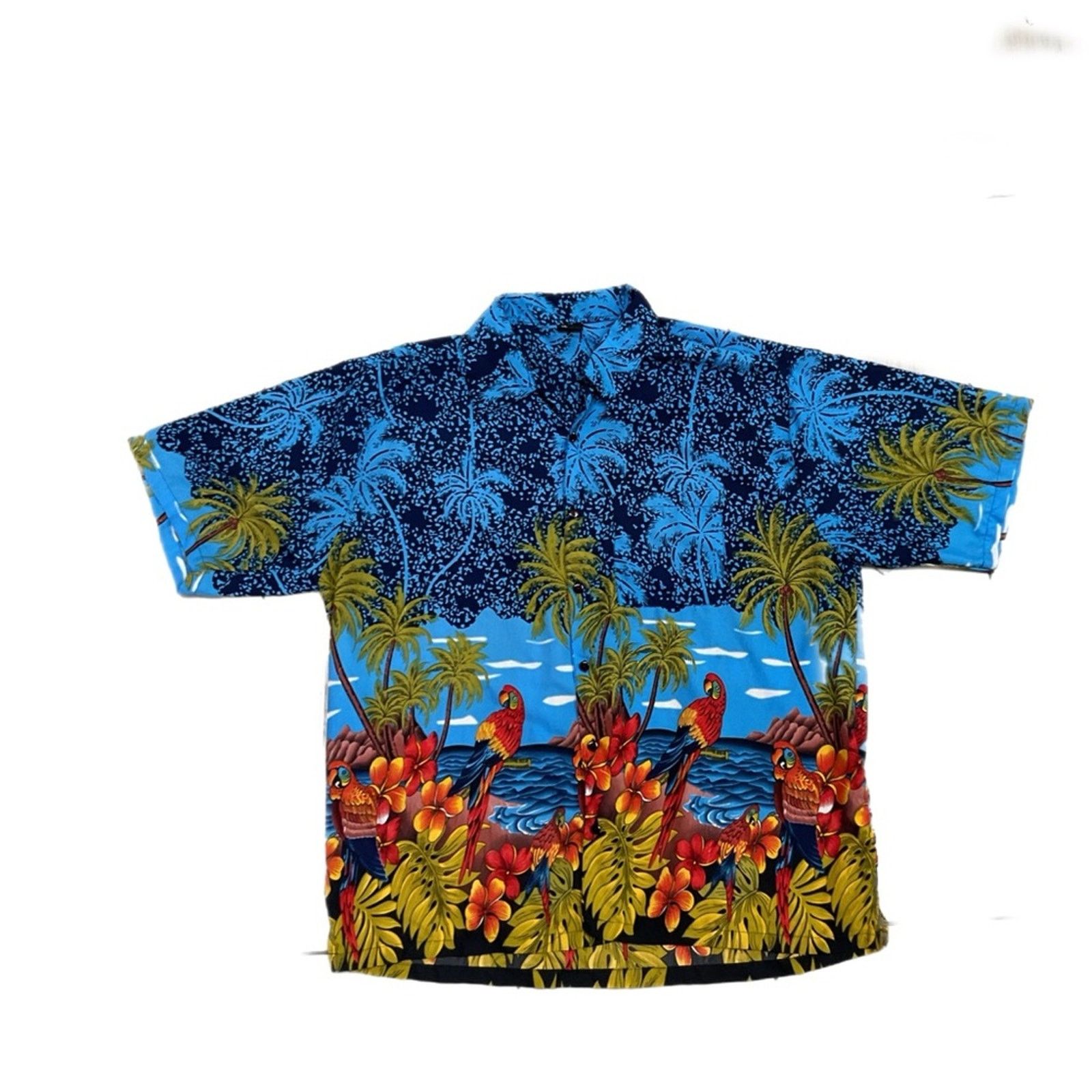 Vintage Tropical Hawaiian Parrot Palms Blue Button-Up Size US XXL / EU 58 / 5 - 1 Thumbnail