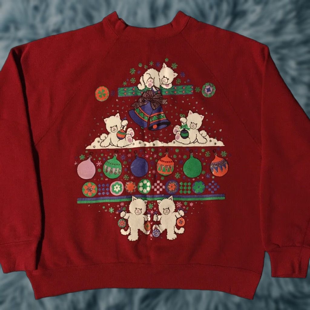 VINTAGE 80s Christmas Cats Sweatshirt Men S Red USA MBC Pullover Santa Cartoon Grunge Snow Holidays 90s