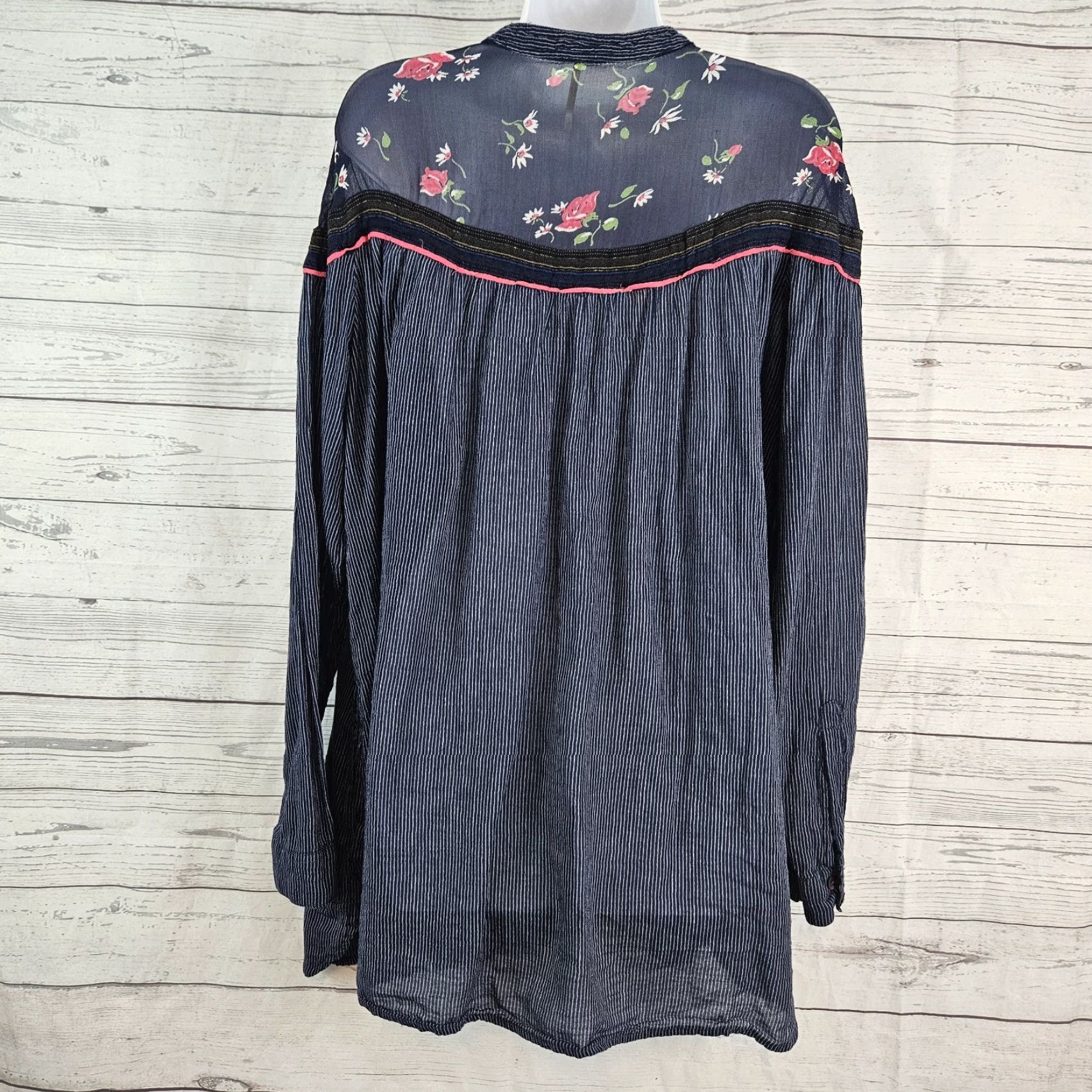 Free People Free People Hearts and Colors Tunic Top Blouse L Blue Green Stripe Floral Womens Shirt Size L / US 10 / IT 46 - 3 Thumbnail