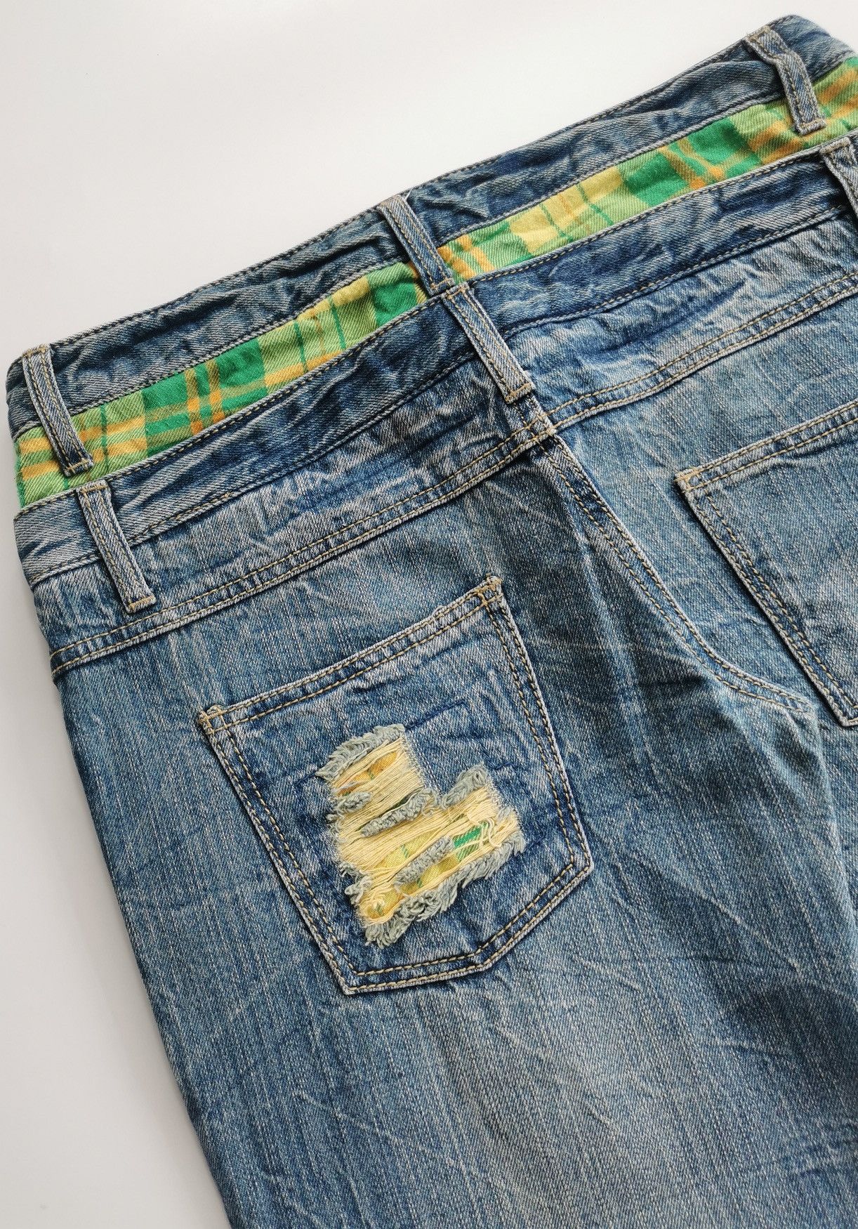 Japanese Brand Double Waist Patchwork Green Denim Jeans Size US 32 / EU 48 - 7 Thumbnail
