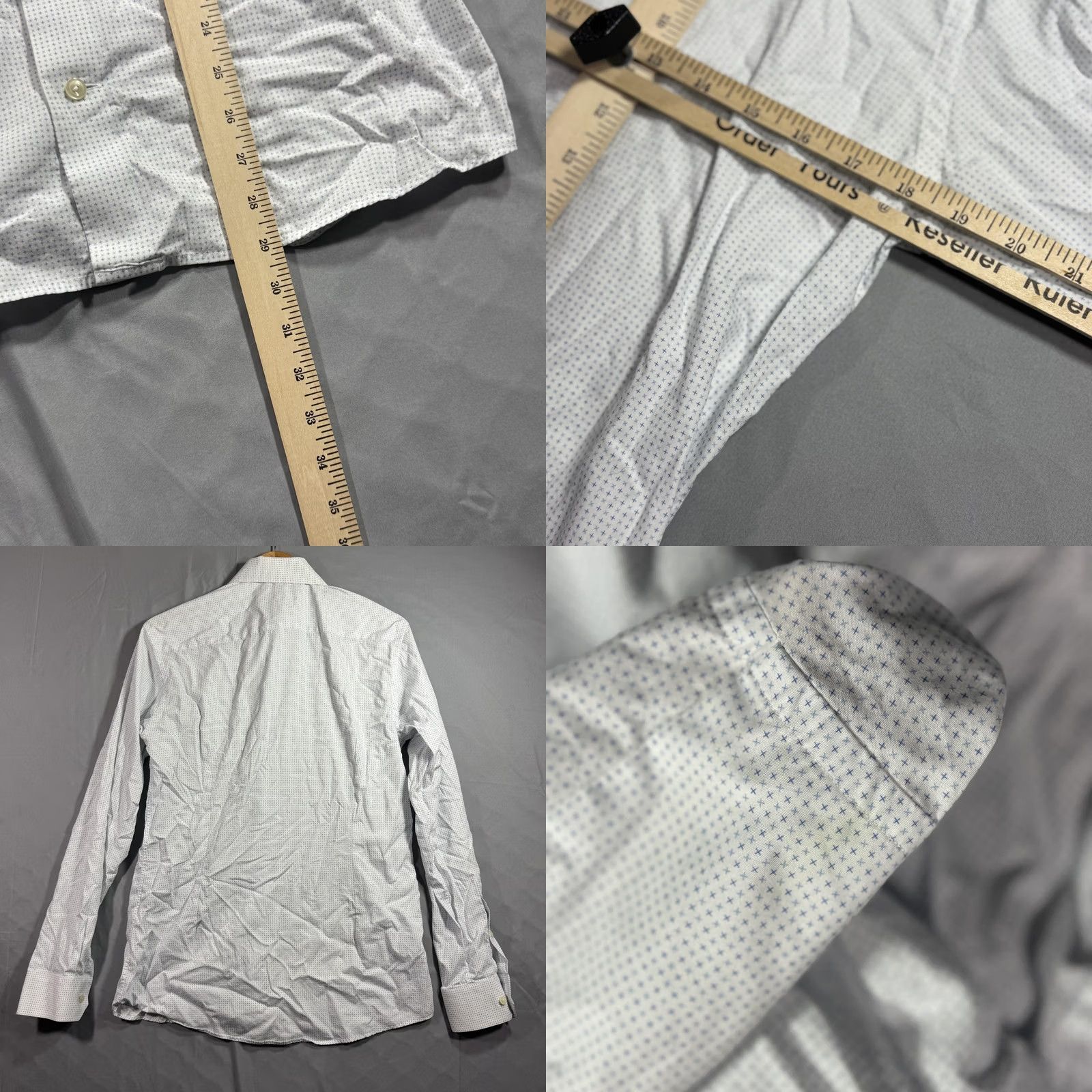 Eton VINTAGE Eton Shirt Geometric Print Dress Sleeve Long Sleeve Mens 16 41 White Blue Slim Fit Barrel Cuff Spread Collar Mens Size 42R - 8 Thumbnail