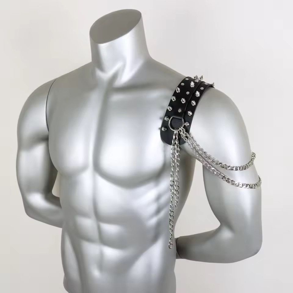 Japanese Brand Black PU Leather Spiked Shoulder Harness Epaulet Chain Size ONE SIZE - 6 Thumbnail