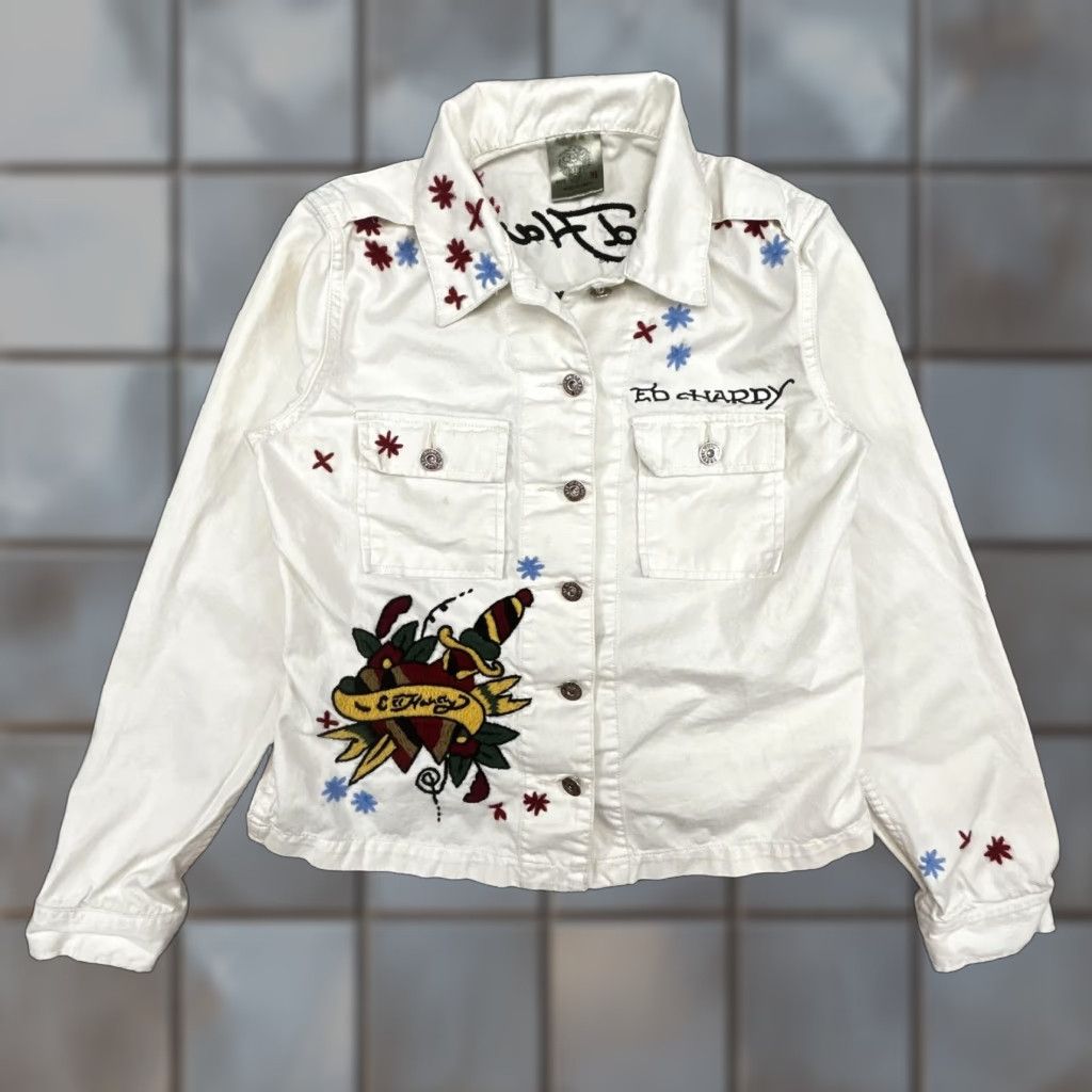 Ed Hardy VINTAGE Ed Hardy Jacket Womens M White Embroidered Tattoo Rose Graphic Denim Y2K Spring Short Sleeve? Size M / US 6-8 / IT 42-44 - 1 Thumbnail