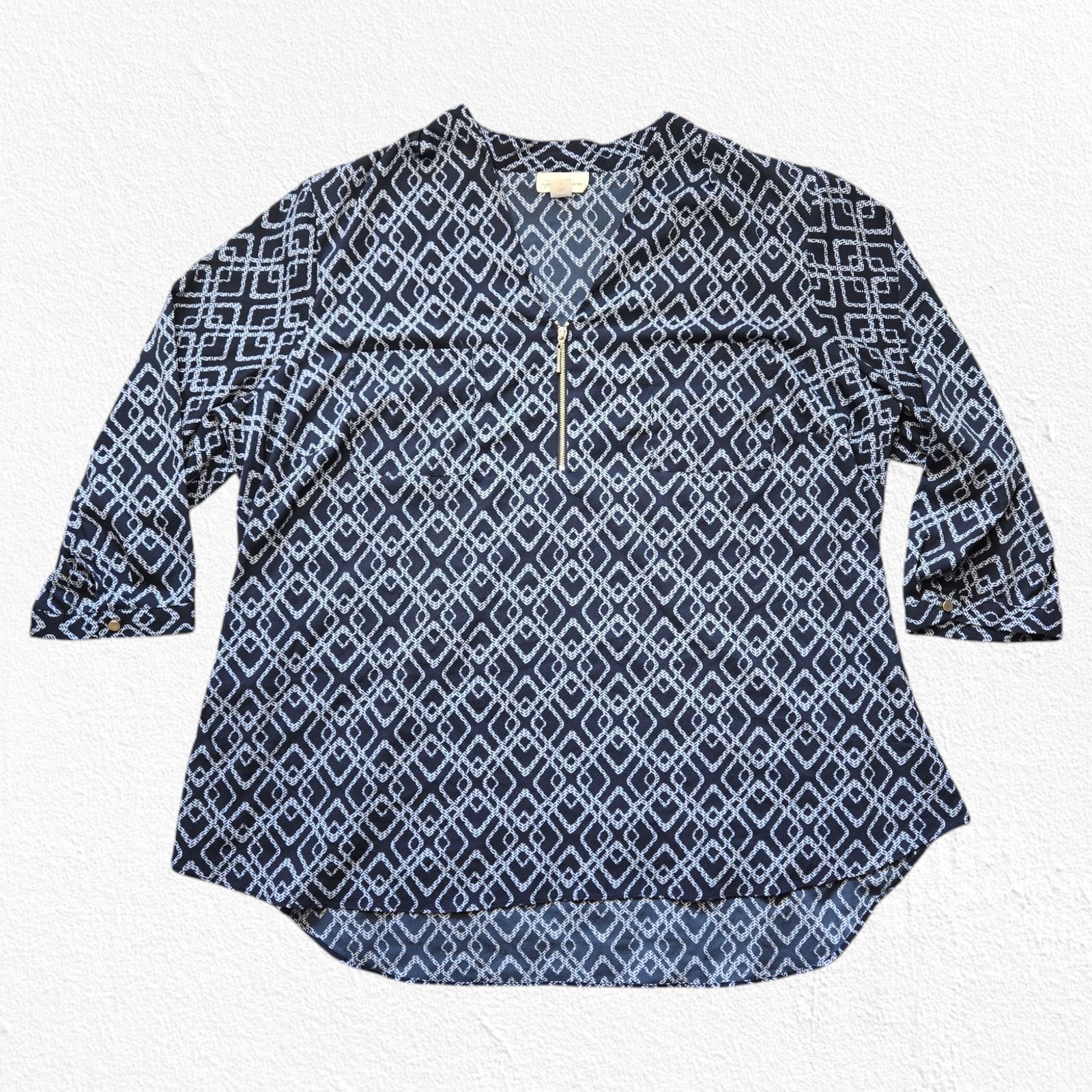 Other Navy Diamond V Neck 3/4 Sleeve Blouse Size 2X Size XXL / US 16-18 / IT 52-54 - 1 Thumbnail