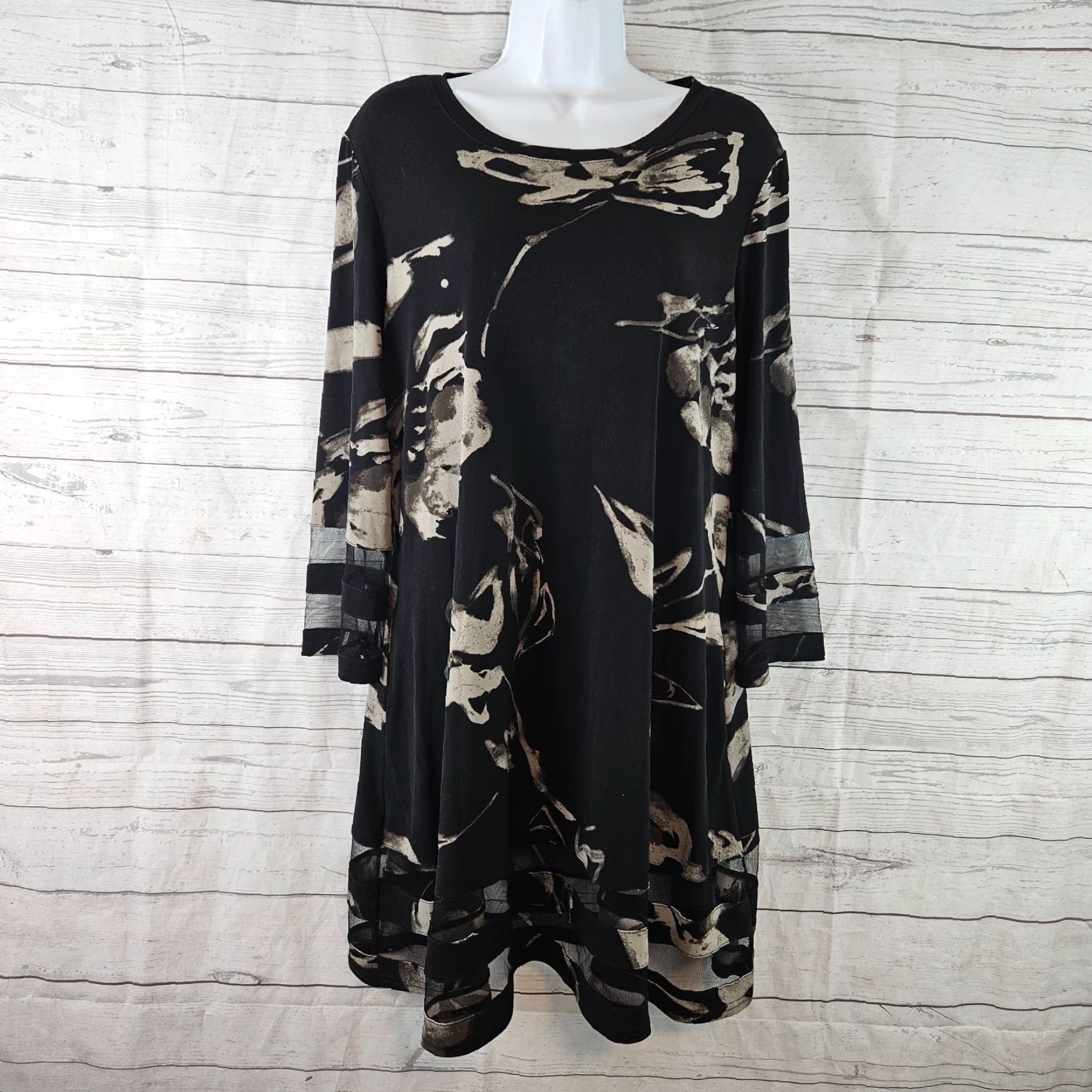 Joseph Ribkoff Joseph Ribkoff Womens Tunic Dress 3/4 Sleeve Size 10 Black Taupe Floral A-Line Dress Womens | Floral Pattern | Pullover Short 3/4 Sleeve Adjustable? Size L / US 10 / IT 46 - 2 Thumbnail