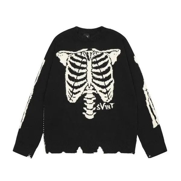 image of High-Street Skeleton Bone Vintage Knitted Sweater in Black, Men's (Size Medium)