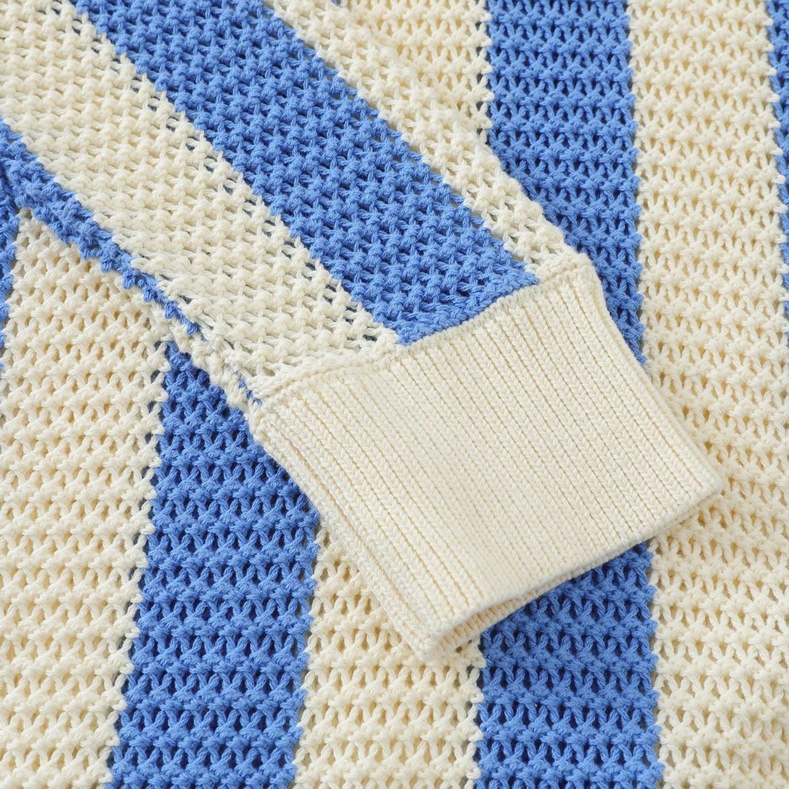 Japanese Brand Blue and Cream Striped Knit Polo Sweater Size US M / EU 48-50 / 2 - 4 Thumbnail