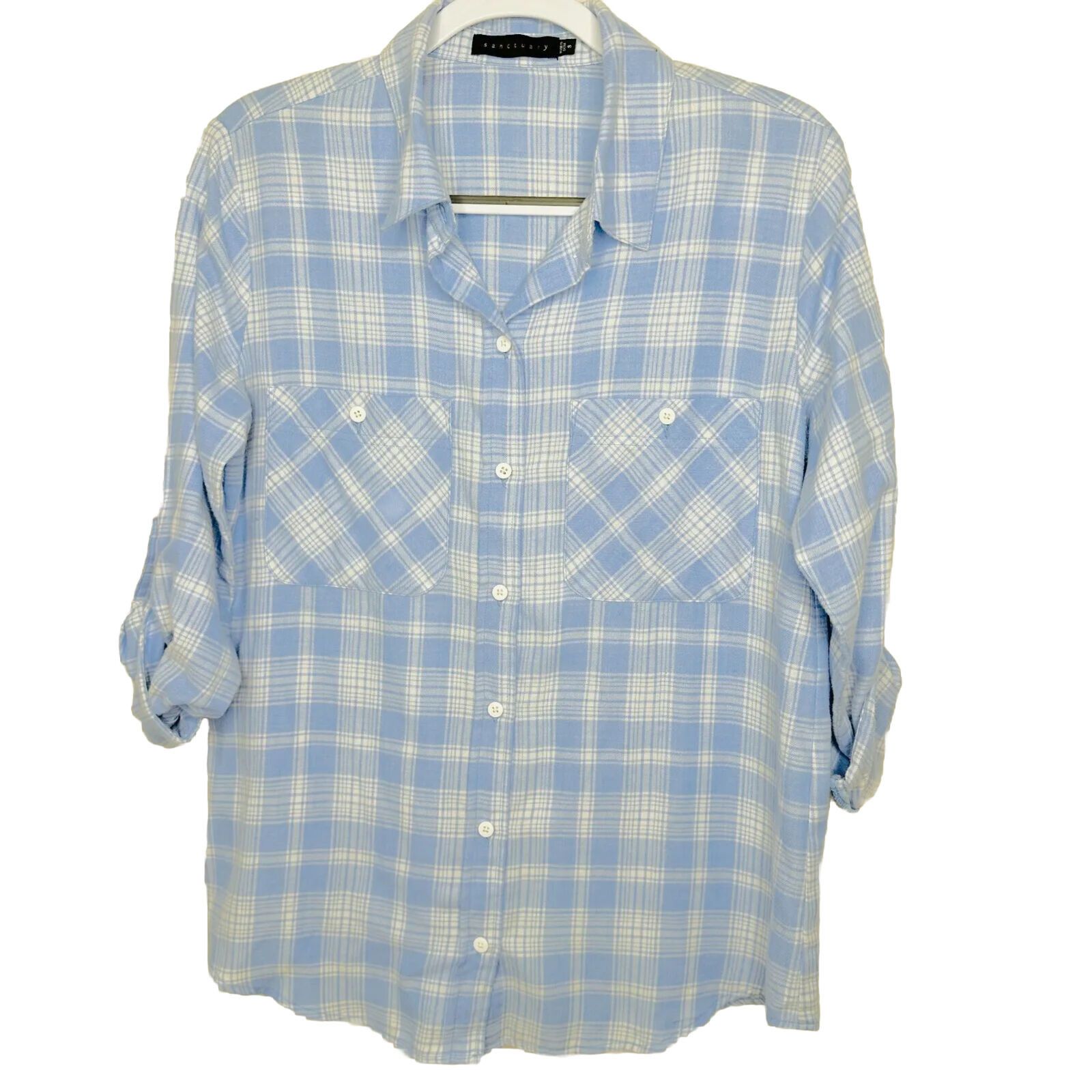 Other Sanctuary Blue Plaid Boyfriend Button Shirt Roll Tab Sleeves Size S / US 4 / IT 40 - 2 Thumbnail