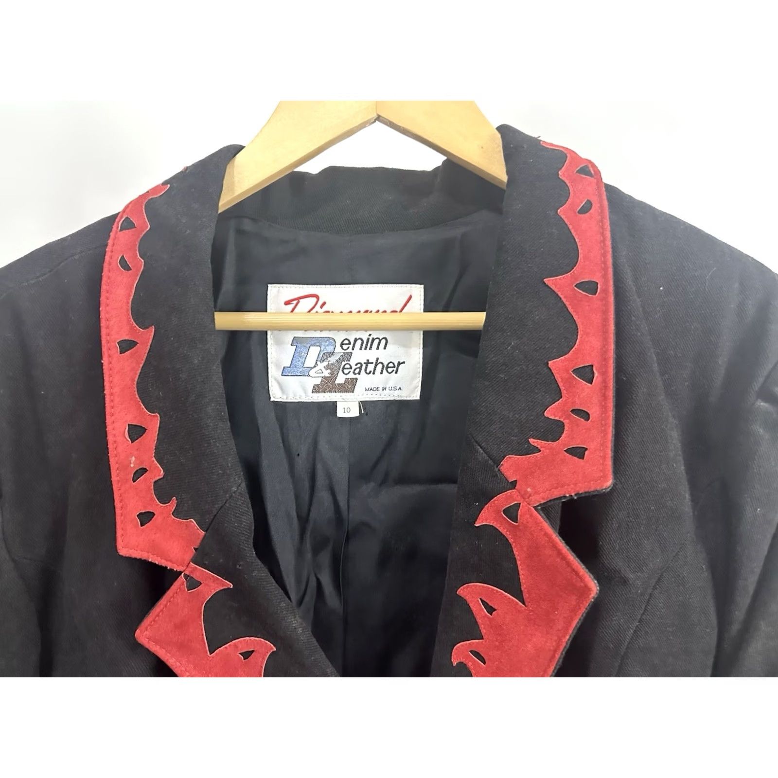 Denime VTG Diamond Denim Leather Trim Western Cropped Jacket Black 10 Womens Shirt Hoodie? Size L / US 10 / IT 46 - 4 Thumbnail