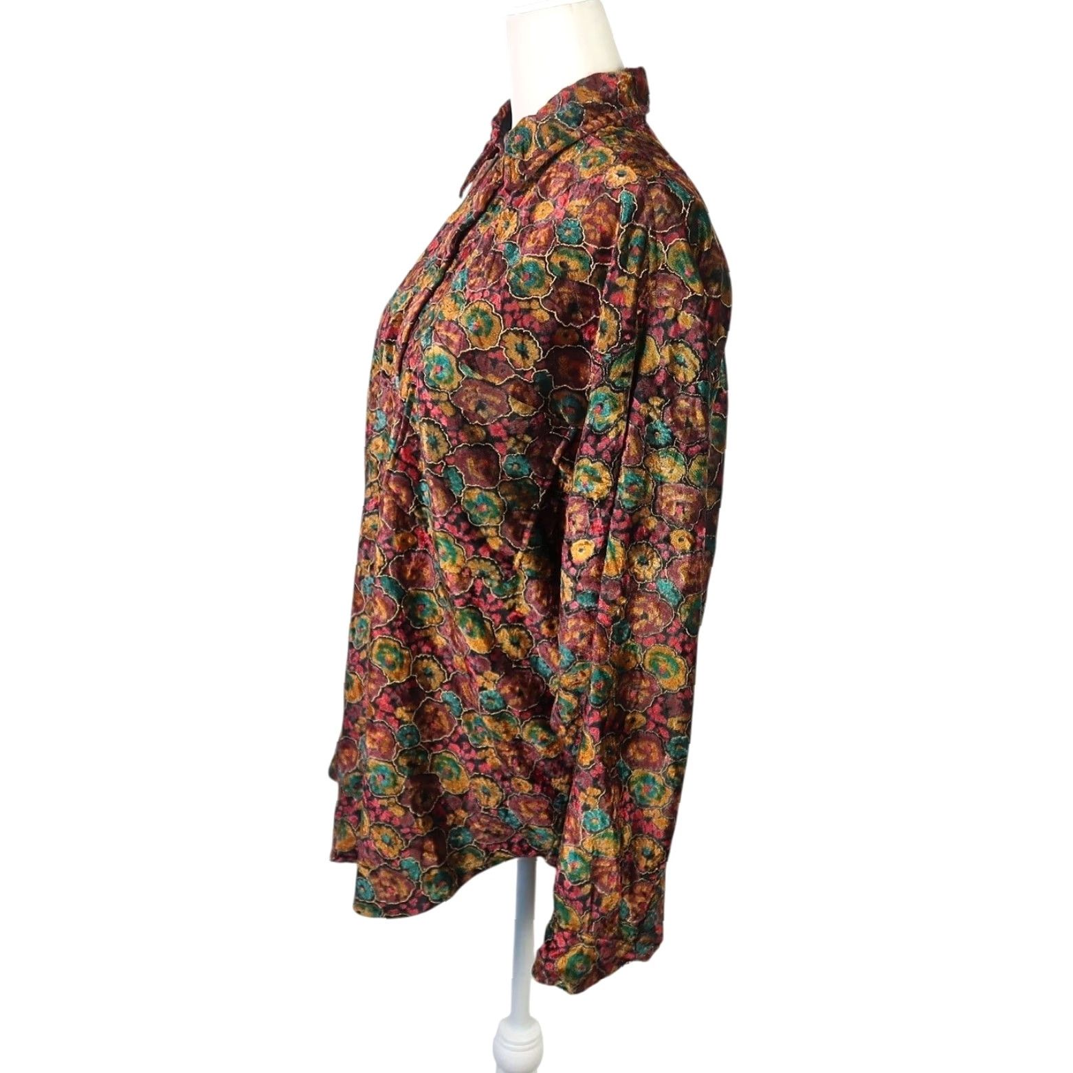 Velvet VINTAGE 90s Punch mustard yellow pink floral velvet blouse top M Button-Up Women Long Sleeve Collared 90s Bohemian Pattern Floral - Vintage Size M / US 6-8 / IT 42-44 - 3 Thumbnail