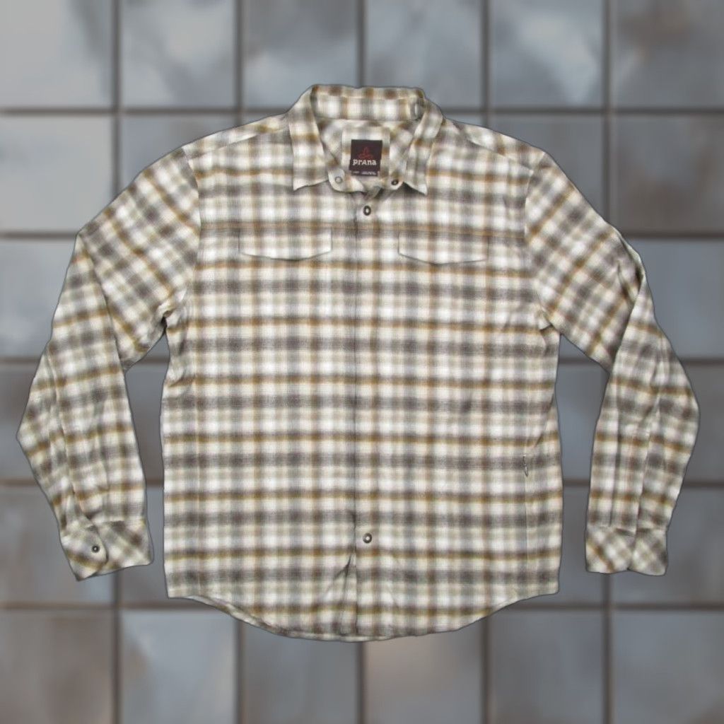 Prana prAna Shirt Mens Large Beige Plaid Button Up Flannel Snaps Outdoor Work Hike Size US L / EU 52-54 / 3 - 1 Thumbnail