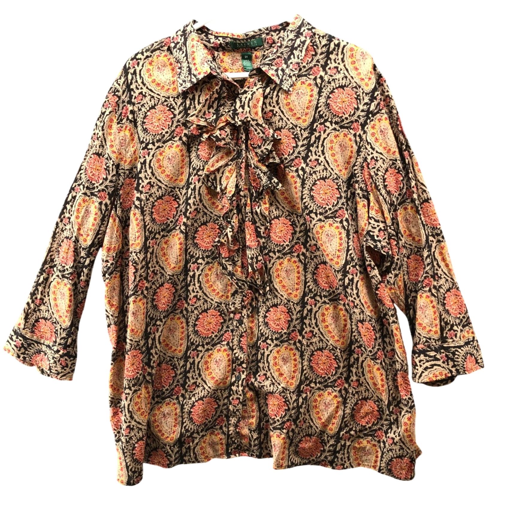 Ralph Lauren Lauren Ralph Lauren Blouse Womens 3XL 3/4 Sleeve Paisley Print Orange Bohemian Cotton Ruffle Shirt Adult Womens Slim Casual Shirt? Size XXL / US 16-18 / IT 52-54 - 2 Thumbnail