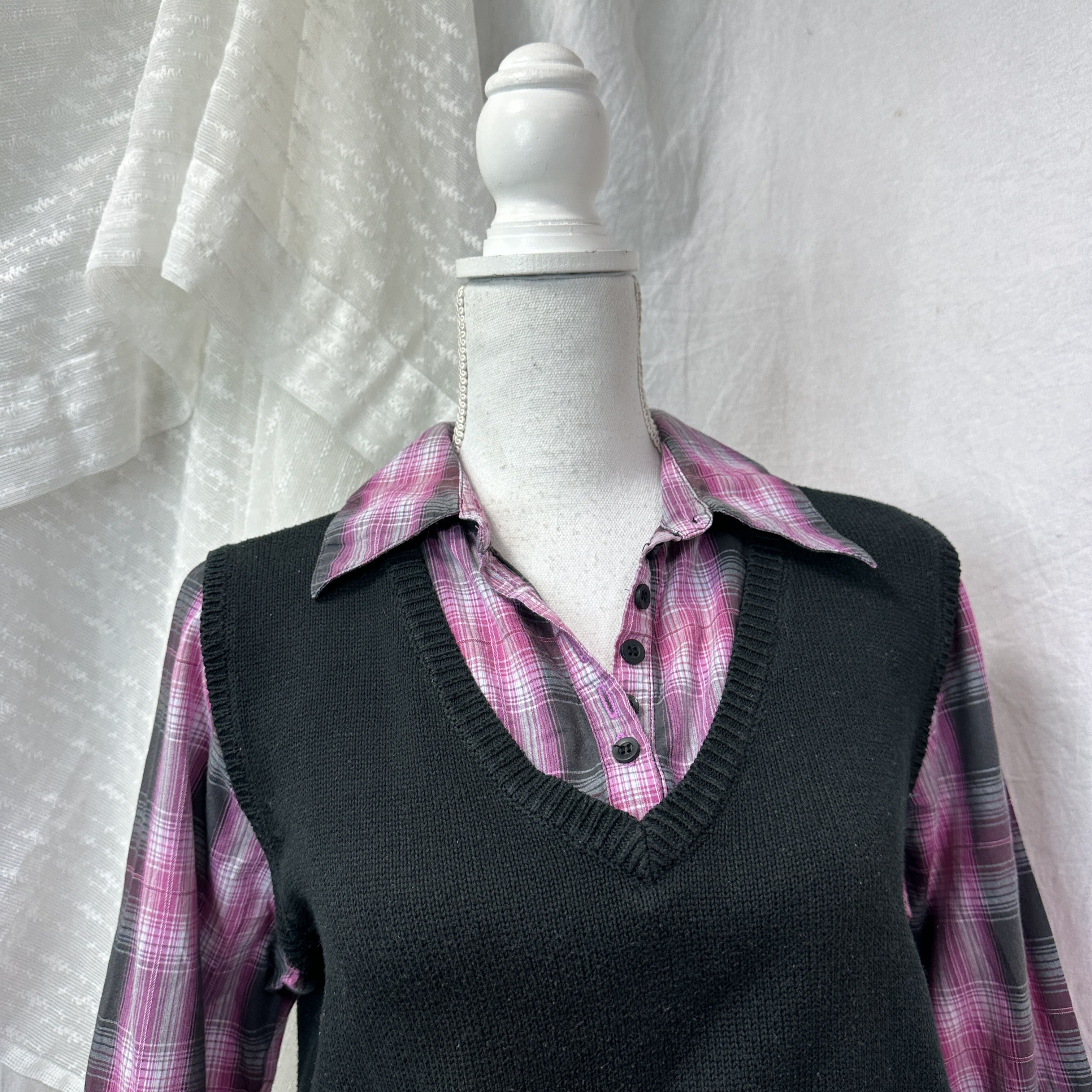 Vintage Vintage Tartan Hybrid School Girl Sweater & Shirt 00s Size M / US 6-8 / IT 42-44 - 5 Thumbnail