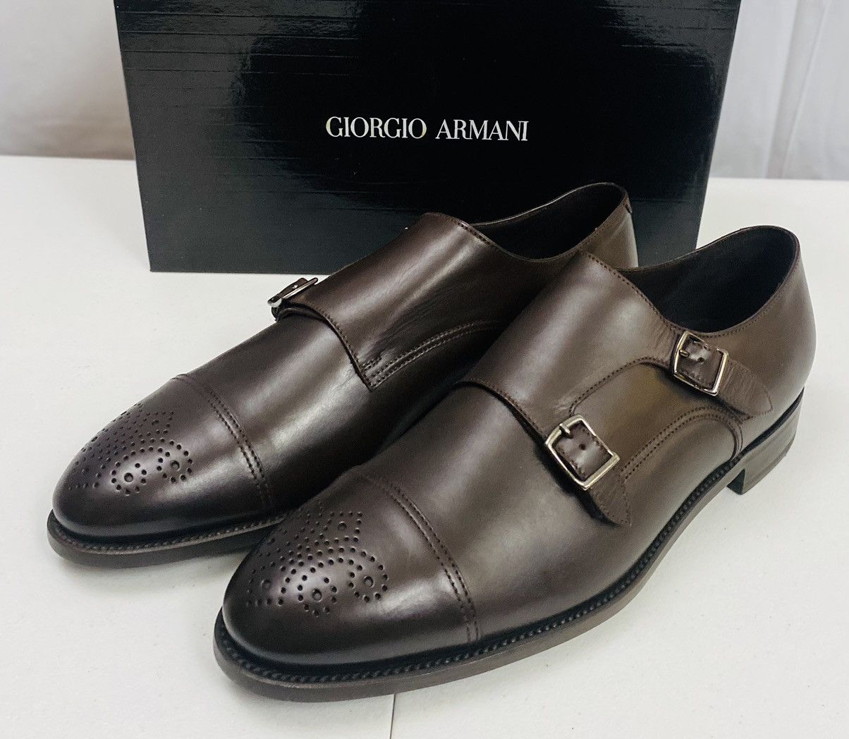 Giorgio Armani Giorgio Armani 🇮🇹 Dk Brown Leather Double Monk Strap 12 New Size US 12 / EU 45 - 1 Thumbnail