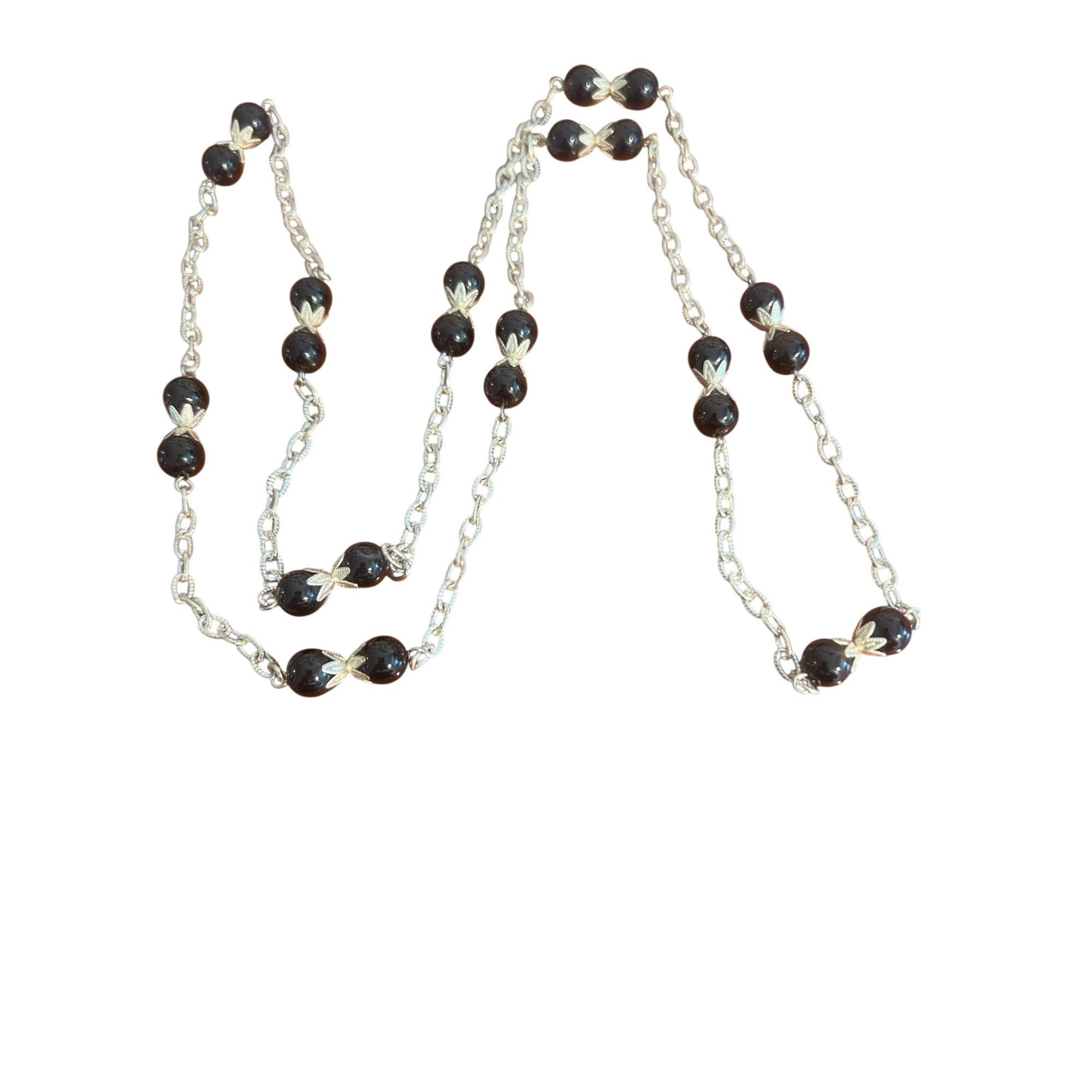 Other Vintage Silver Tone Chain Necklace Black Glass Beads Leaf No Size ONE SIZE - 4 Thumbnail