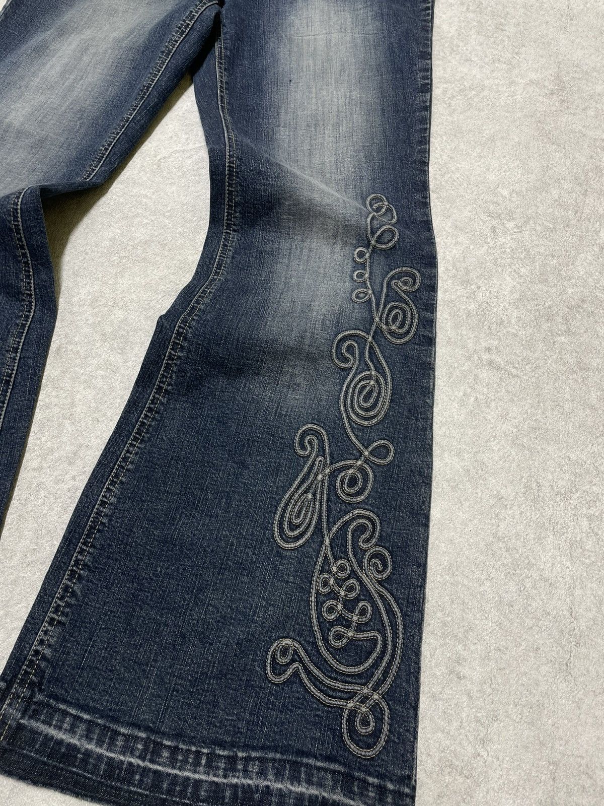 If Six Was Nine × Le Grande Bleu (L.G.B.) × Tornado Mart Skull Y2K Flare Jeans With Ornate Threadwork — Think LGB Size US 32 / EU 48 - 3 Thumbnail