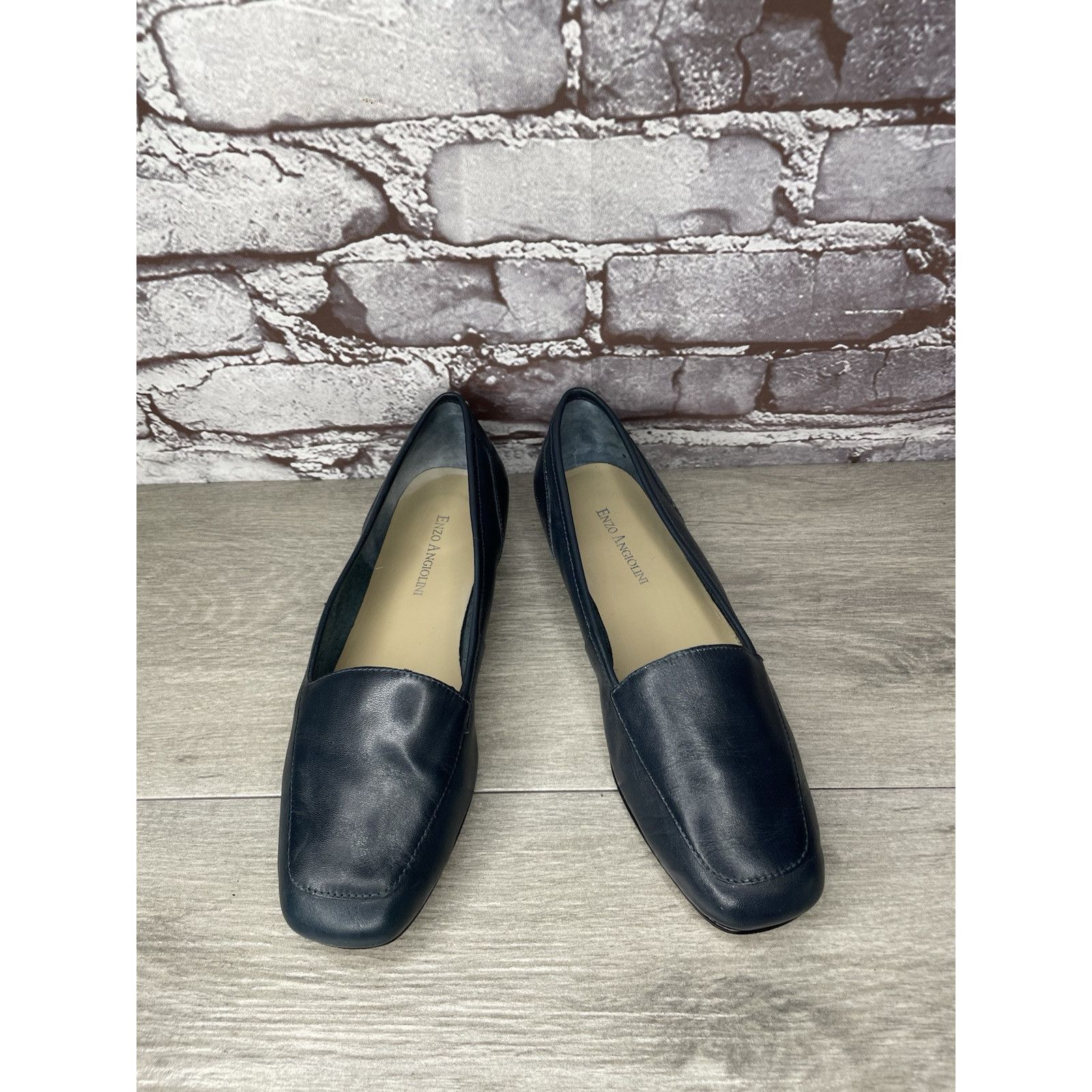 Enzo Bonafe Enzo Angiolini Liberty Navy Blue Leather Square Toe Loafers Size US 7 / IT 37 - 3 Thumbnail