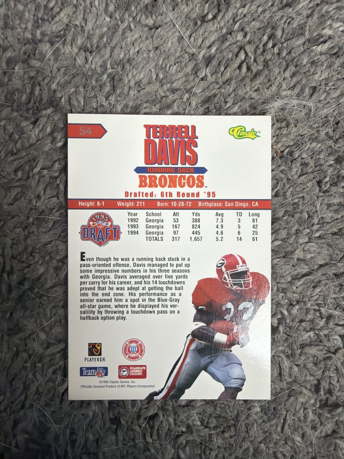 NFL 1995 Classic #54 Terrell Davis Card Size ONE SIZE - 2 Thumbnail