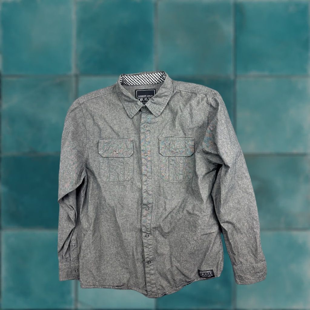 Vintage Dravus Snap Up Shirt Men's Large Gray Long Sleeve 100% Cotton Pockets Size US M / EU 48-50 / 2 - 1 Thumbnail