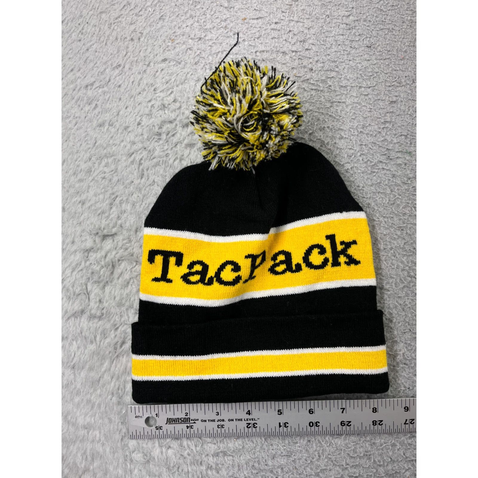 Vintage TacPack Beanie TacPack Hat Adult One Size Beanie Black Yellow Knit 100% Acrylic Ski Snow Pom Striped - Mens Size ONE SIZE - 4 Thumbnail