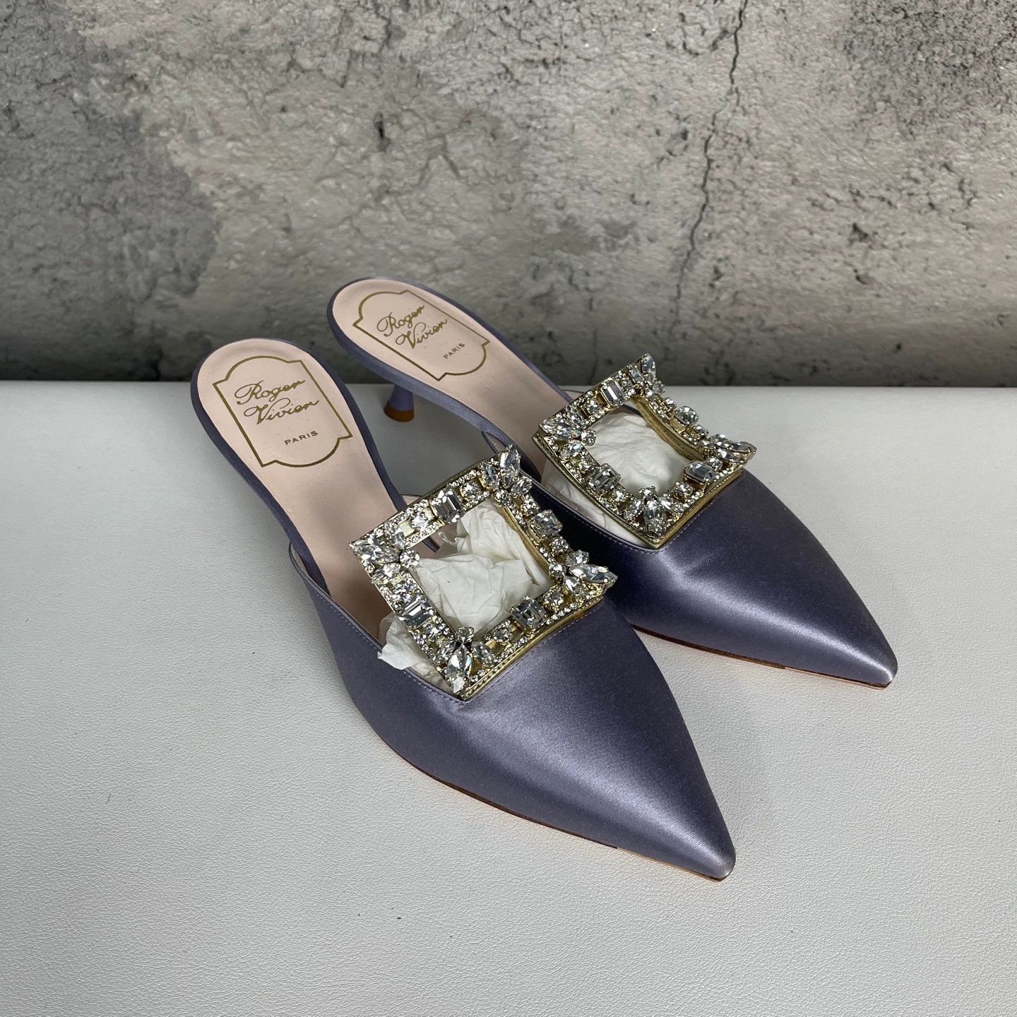 Roger Vivier RV Crystal Floral Buckle Satin Pointed Toe Heel Sandal 36.5 New Size US 6 / IT 36 - 1 Thumbnail