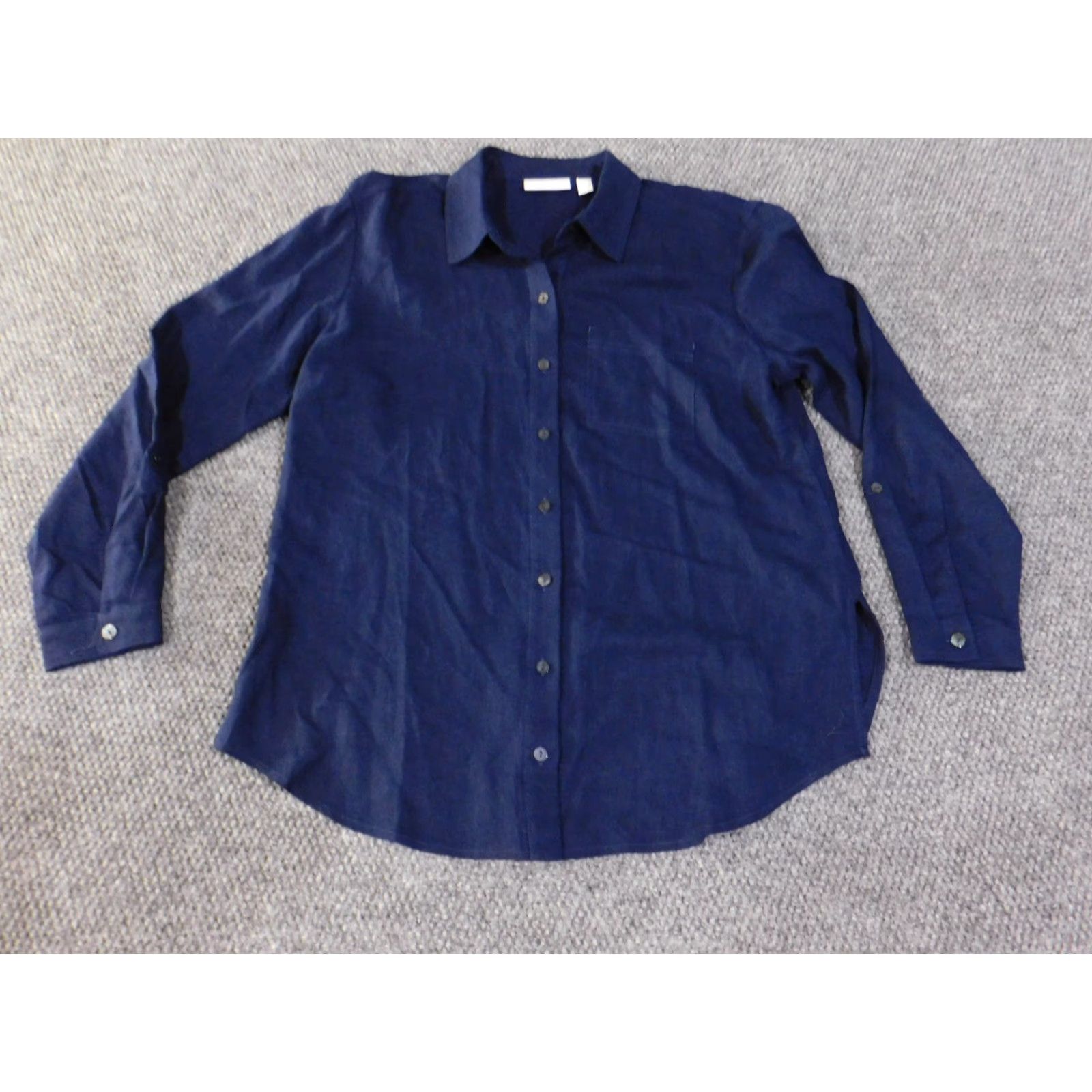 Vintage Susan Graver Shirt Womens Petite Small Navy Blue Linen Blend Button Front Casual Size S / US 4 / IT 40 - 2 Thumbnail