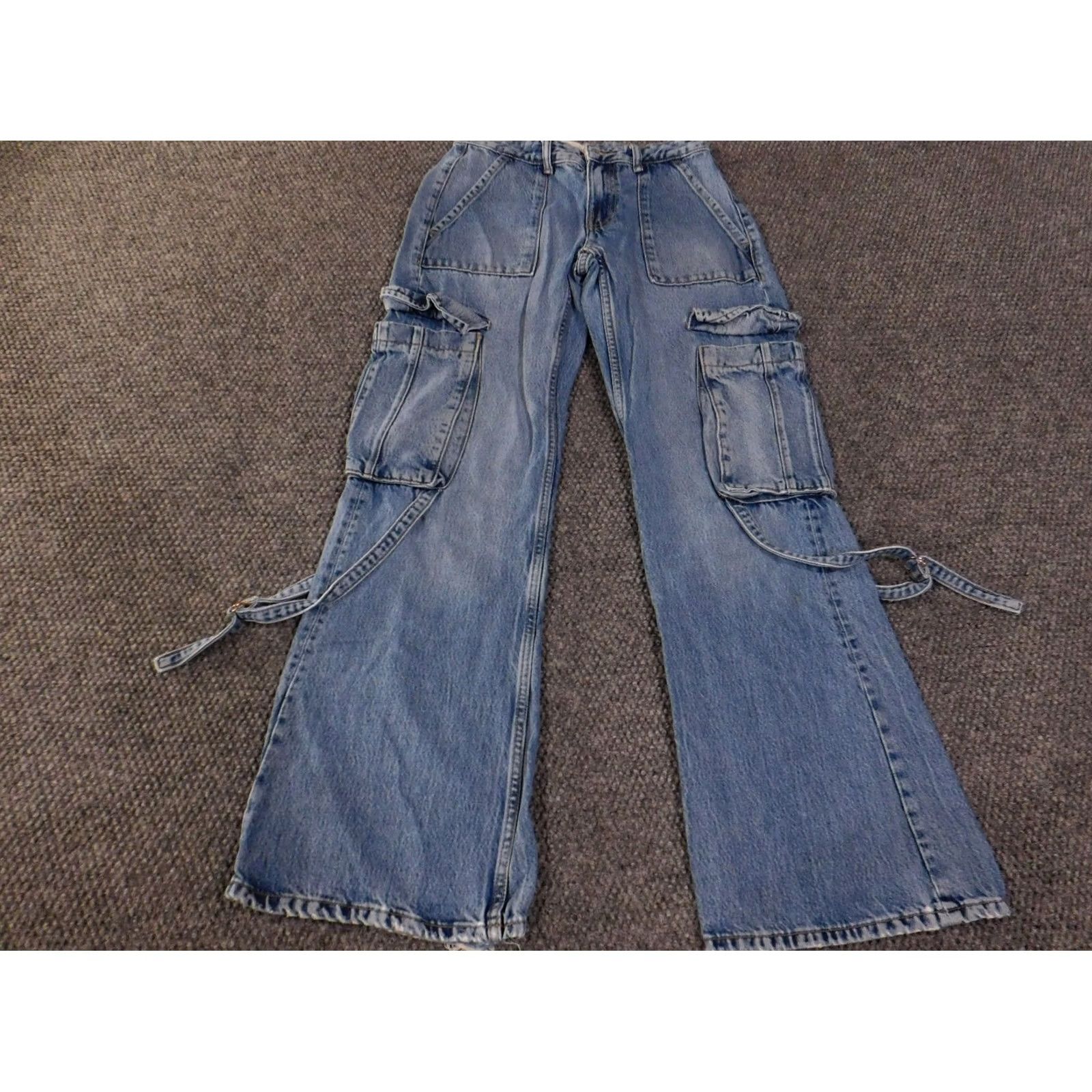 Zara Zara Jeans Womens 0 Blue Cargo Wide-Leg Denim Pocket Zipper Pockets Distressed 31in Inseam Size 25" / US 0 / IT 36 - 3 Thumbnail