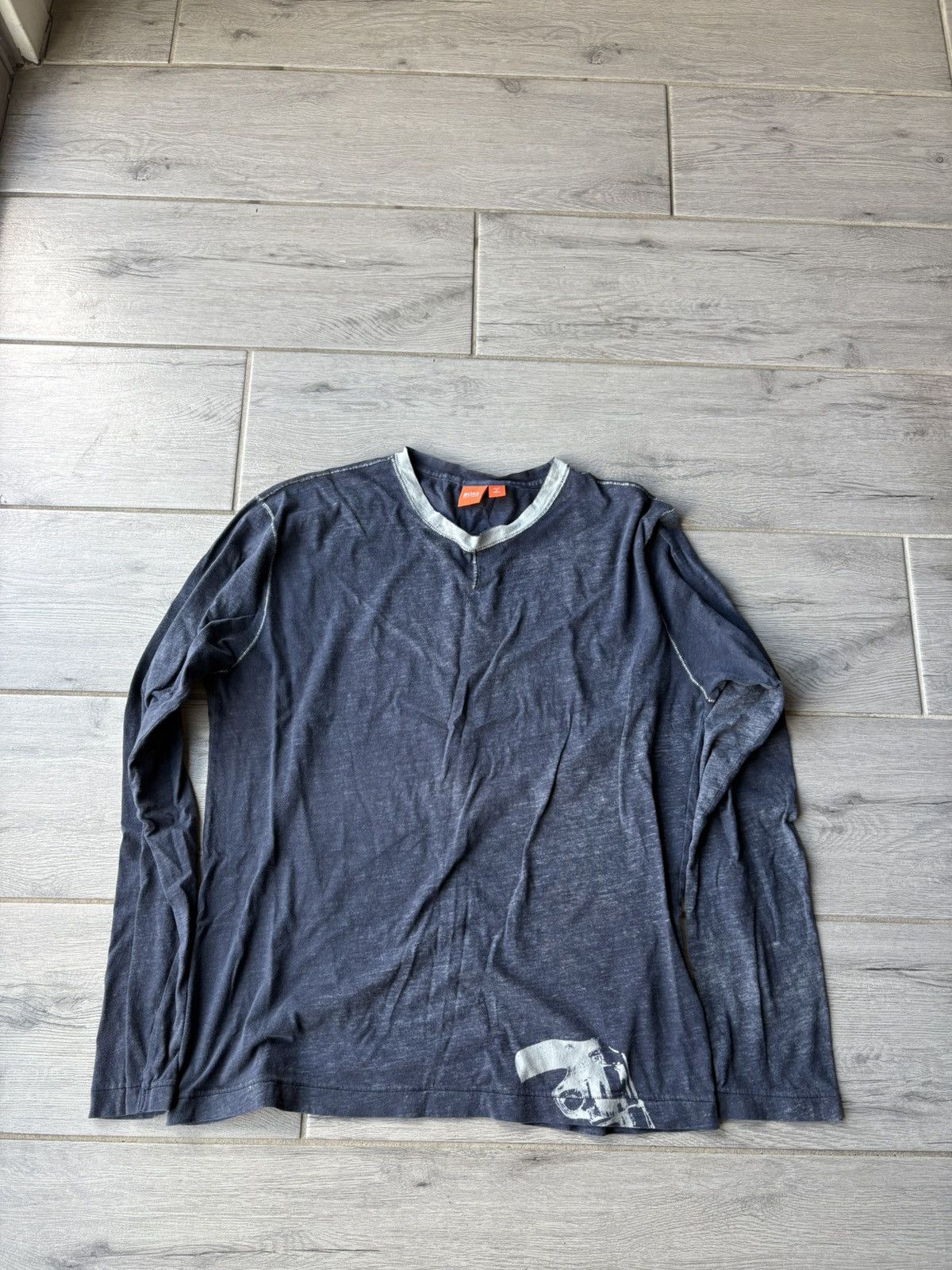 Y2K HUGO BOSS GUN GRAPHIC ORANGE LABEL LONG SLEEVE T SHIRT