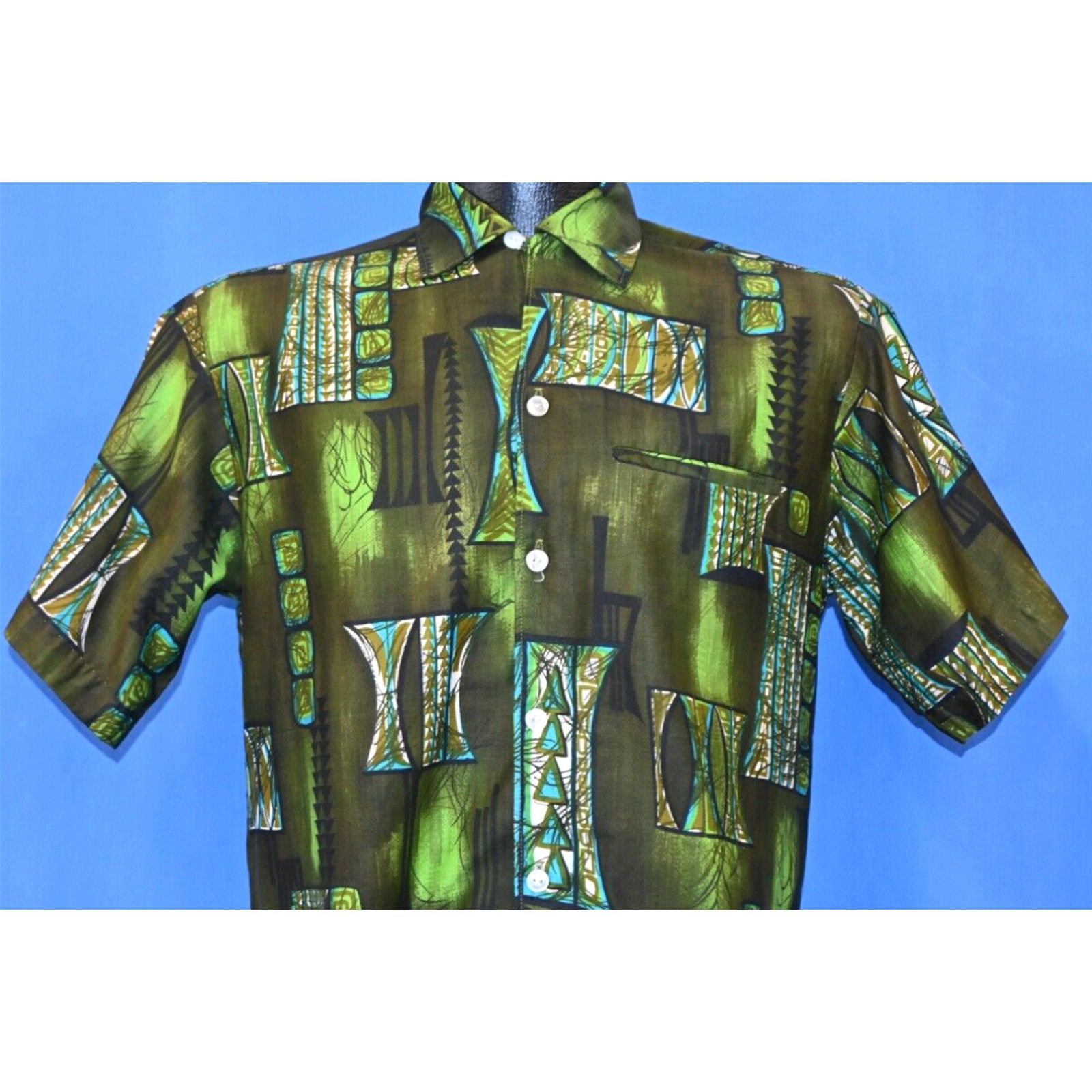 image of Vintage VTG 50S Aloha Royal Green Tribal High Waisted Loop Collar Hawaiian Shirt S in White (Size S