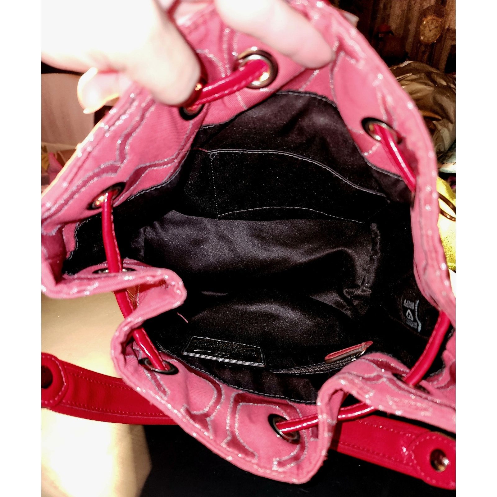 Coach Coach Poppy Signature Lurex draw string bag 17930 Red Silver Size ONE SIZE - 4 Thumbnail