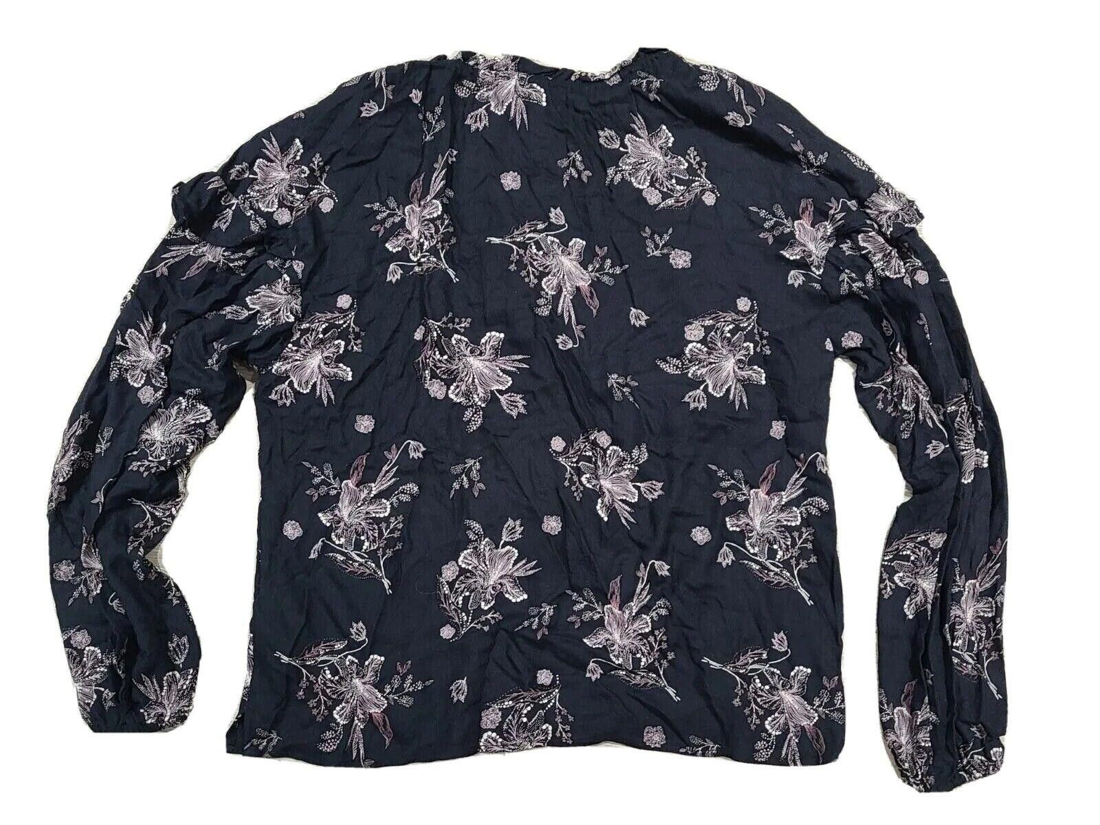 Designer Nine West Top large Boho Black Floral Blouse long sleeve Size L / US 10 / IT 46 - 2 Thumbnail