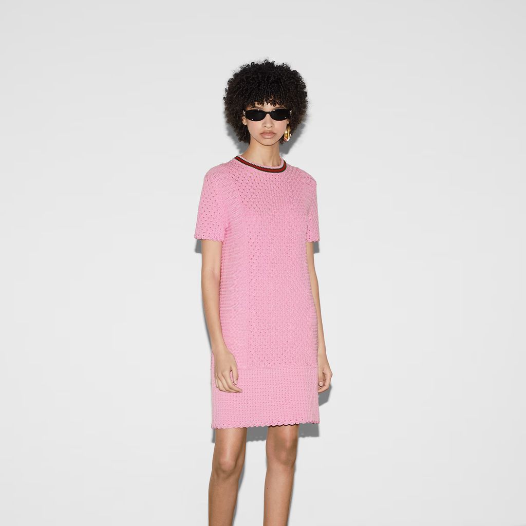 Gucci o1la5ras0526 Crochet-Effect Cotton Dress With Web in Pink Size S / US 4 / IT 40 - 2 Thumbnail