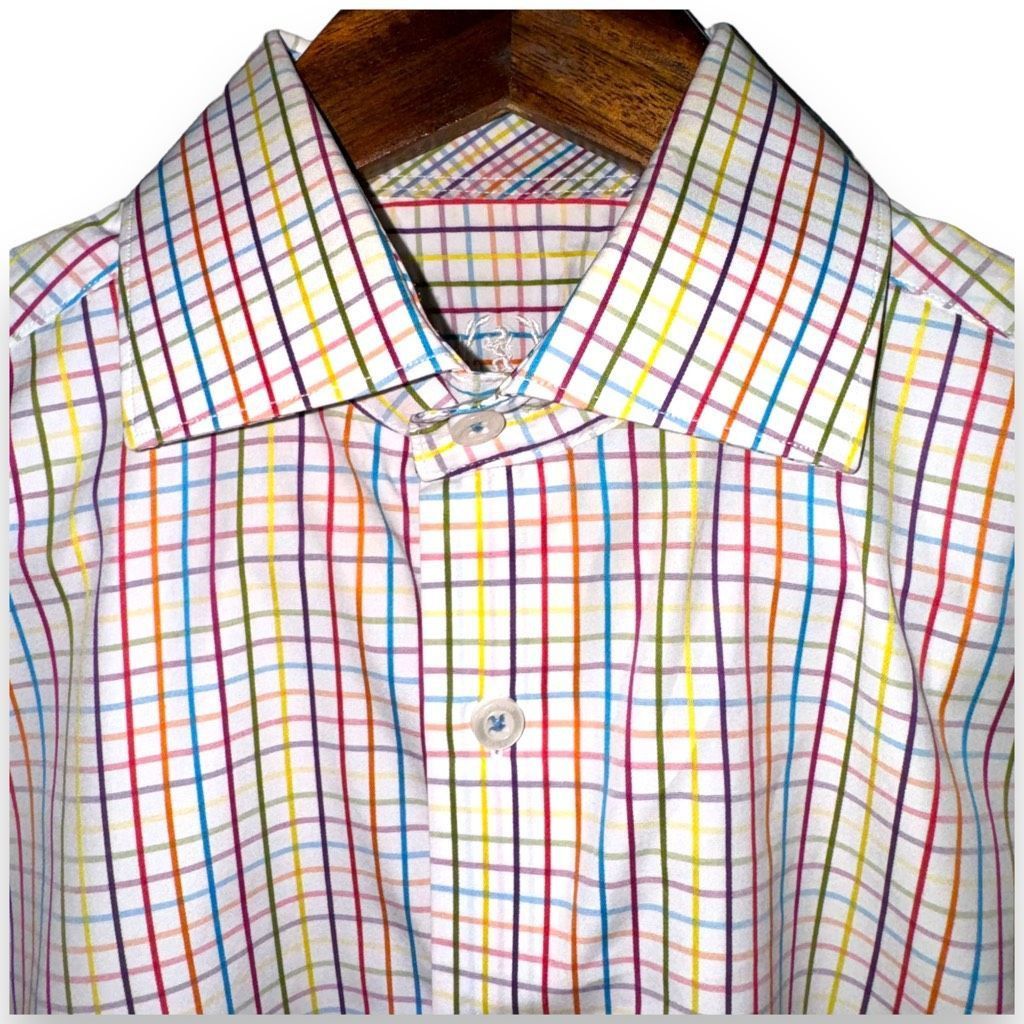 BUGATCHI Bugatchi Uomo Technicolor Check Shaped-Fit Dress Shirt 15 M Size US M / EU 48-50 / 2 - 2 Thumbnail