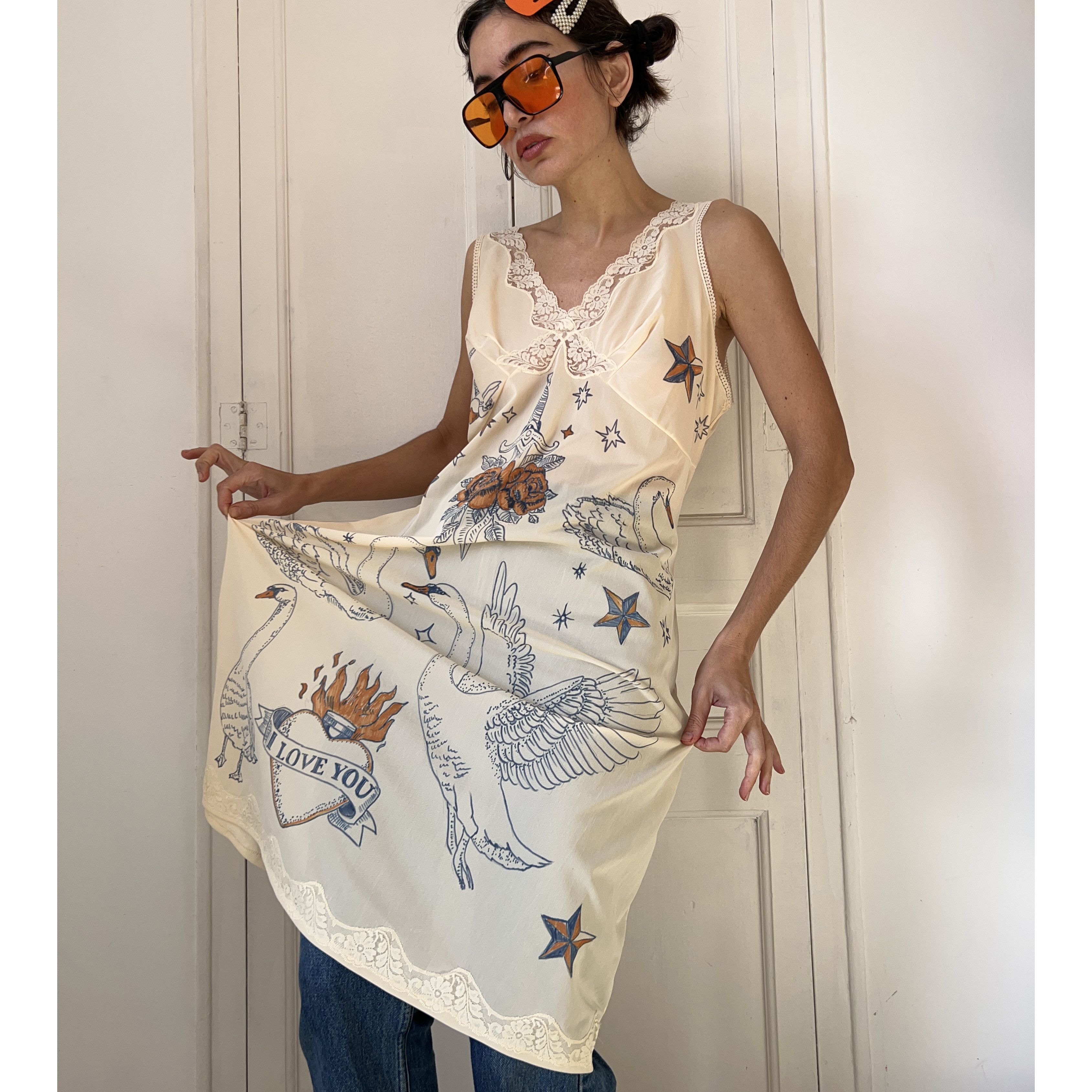 Custommade Hand-Painted Tattoo Swan Slip Dress Size L / US 10 / IT 46 - 6 Thumbnail