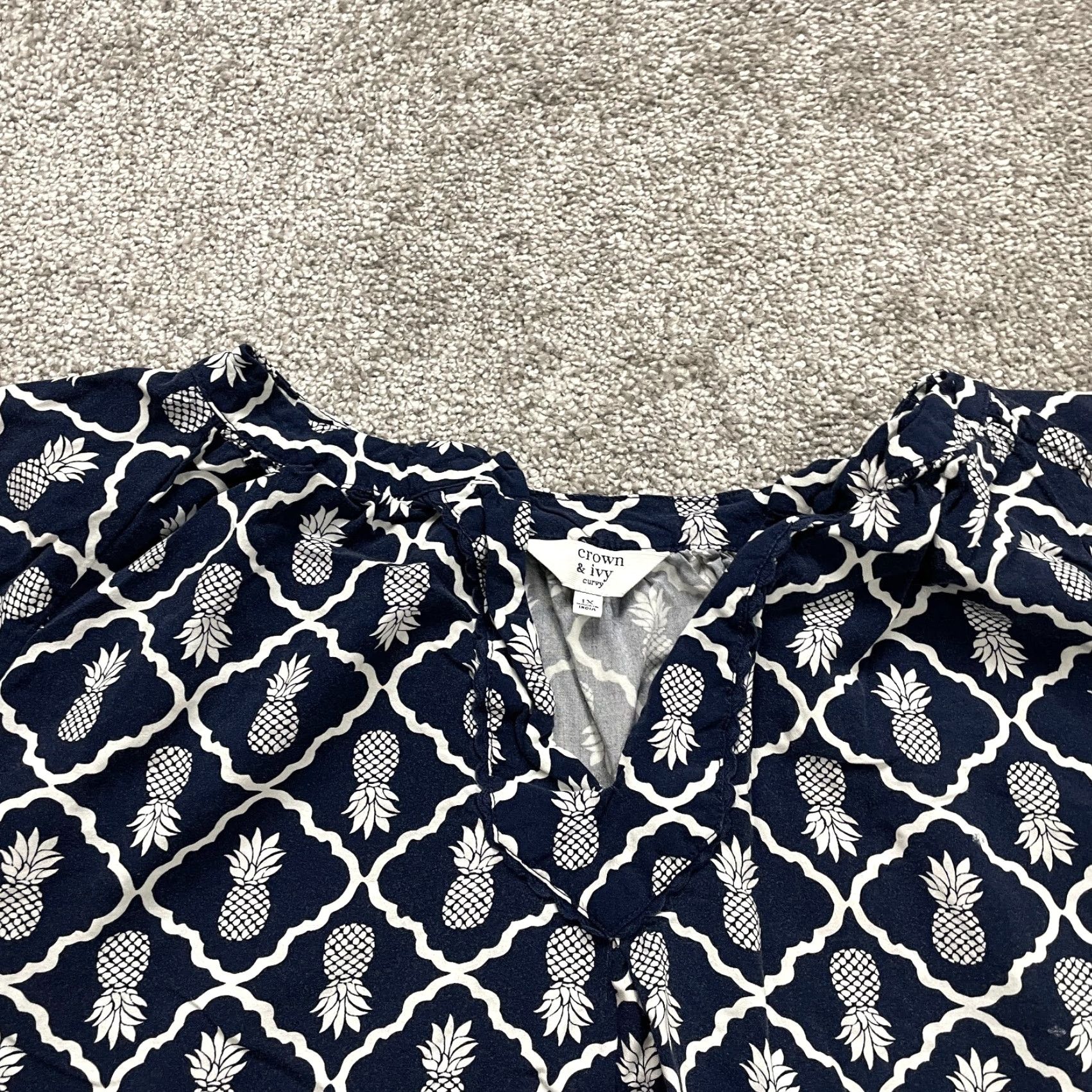 Vintage Crown & Ivy Blouse Womens XL Blue Pineapple Bell Sleeve Lace Casual Size XL / US 12-14 / IT 48-50 - 4 Thumbnail