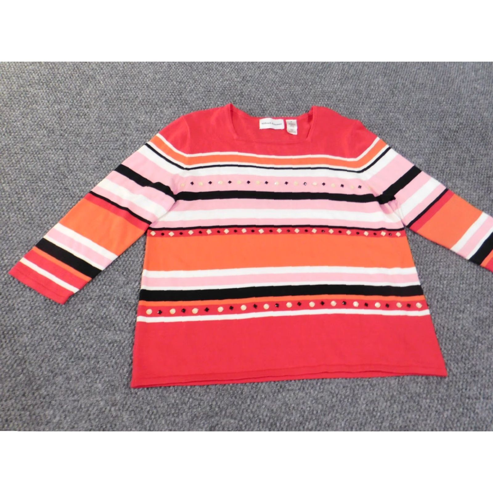 Vintage Alfred Dunner Sweater Pullover Knit Striped Medium Red Raglan Sleeve Cotton Acrylic Stretch Size M / US 6-8 / IT 42-44 - 2 Thumbnail