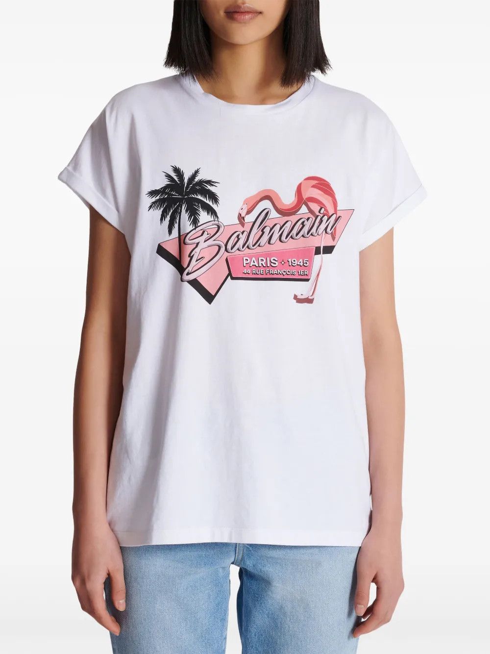 Balmain o1s1wg110725 Flamingo Print Cotton T-Shirt in White Size S / US 4 / IT 40 - 6 Thumbnail
