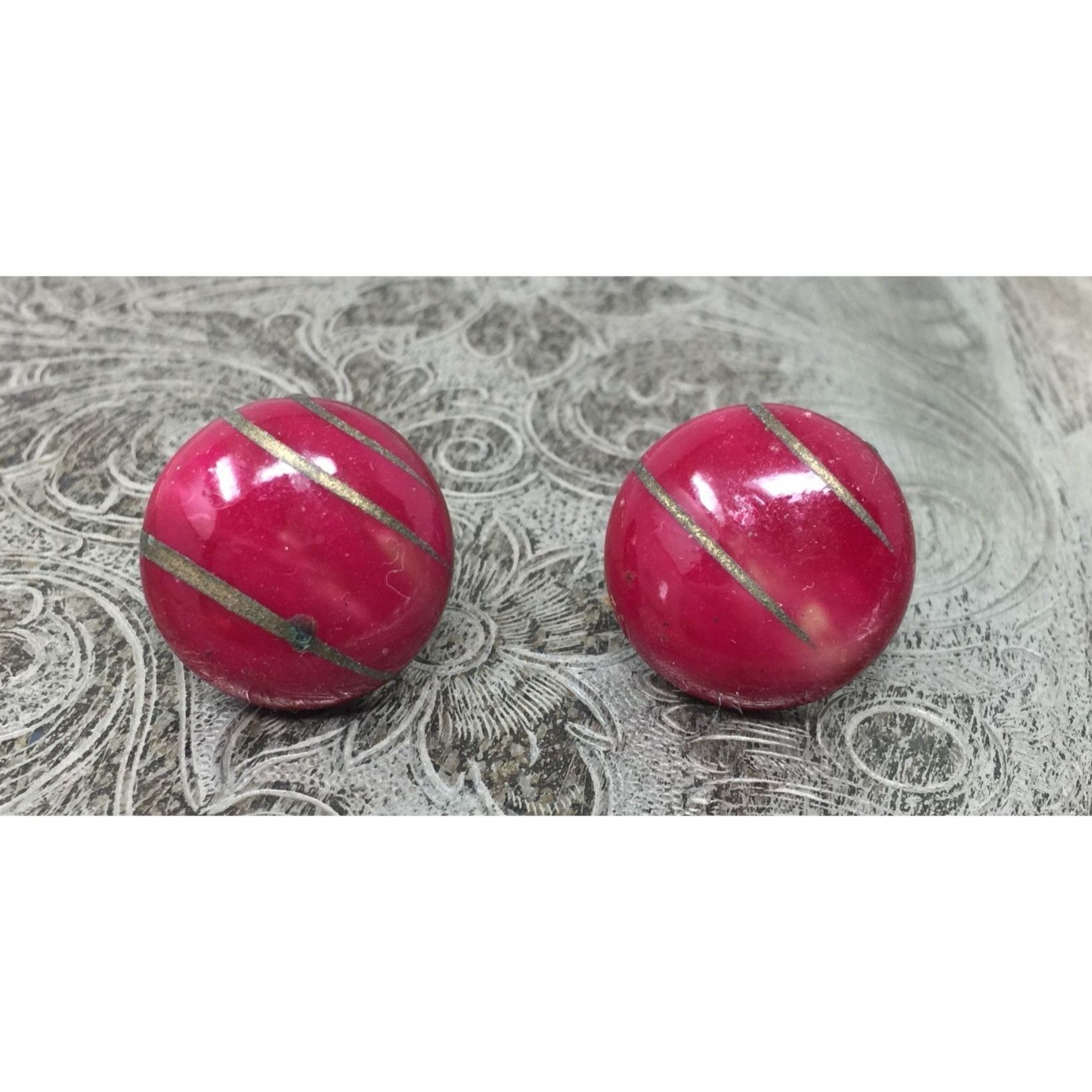 Other Women's Round Red Dome Button Earrings with Gold Brush Strok Size ONE SIZE - 1 Thumbnail