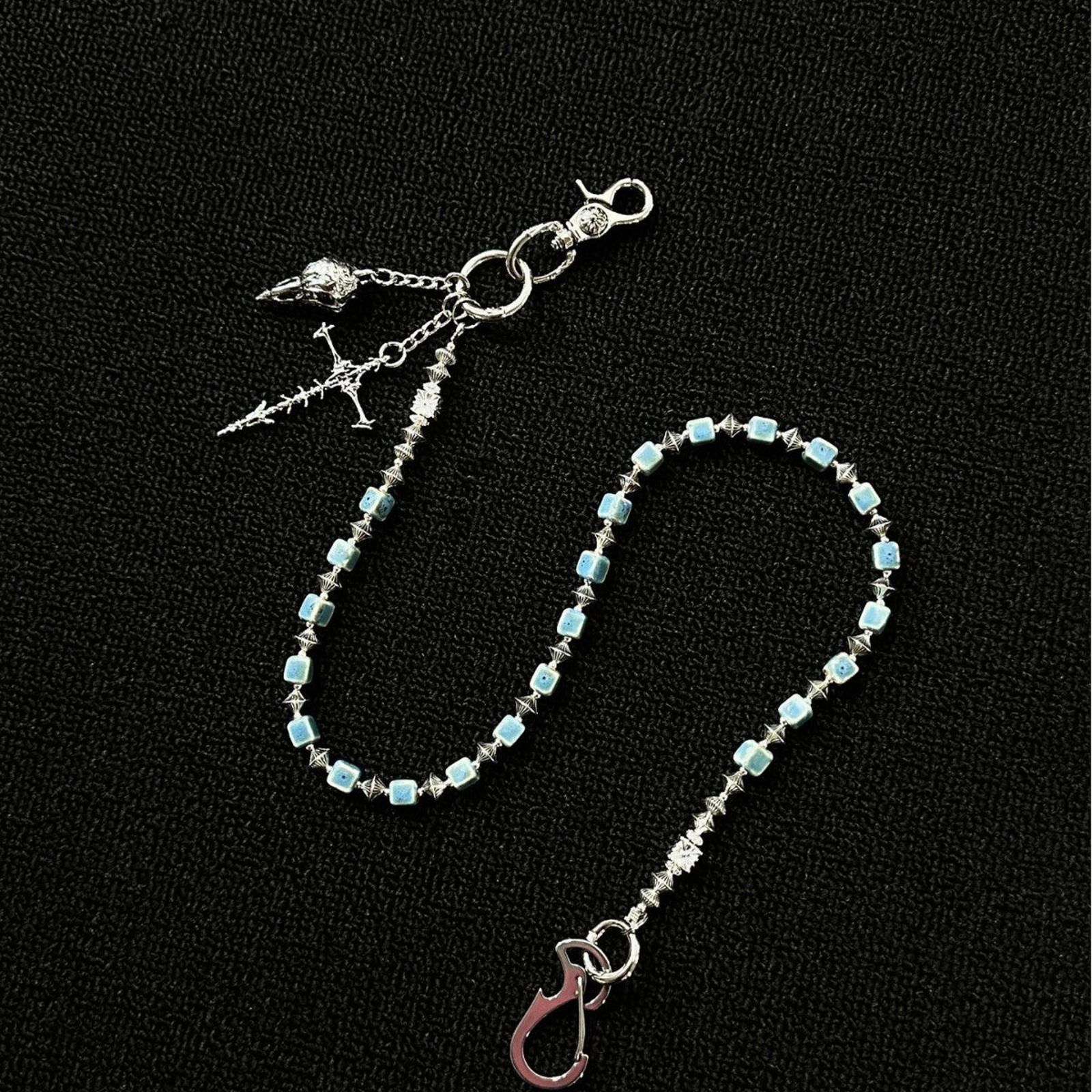 Jewelry Blue Beaded Chain Wallet Accessory with Silver Charms Size ONE SIZE - 3 Thumbnail