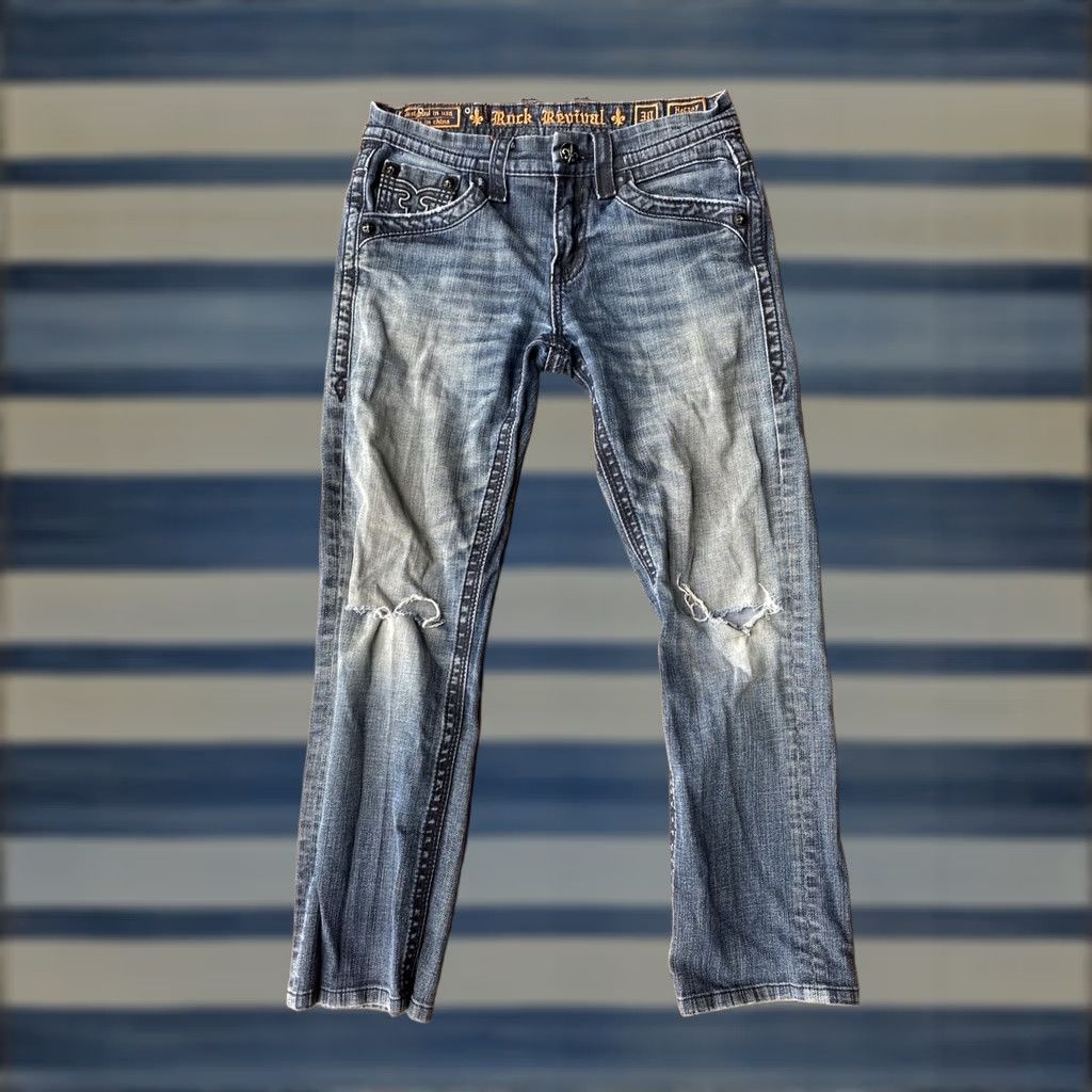 Vintage Rock Revival Jeans Distress Straight Denim 30/26.5 Blue Men’s 30 Rock Revival Hector Alt Straight Dark Denim Jeans 90s Biker Pockets Mens Size US 30 / EU 46 - 1 Thumbnail