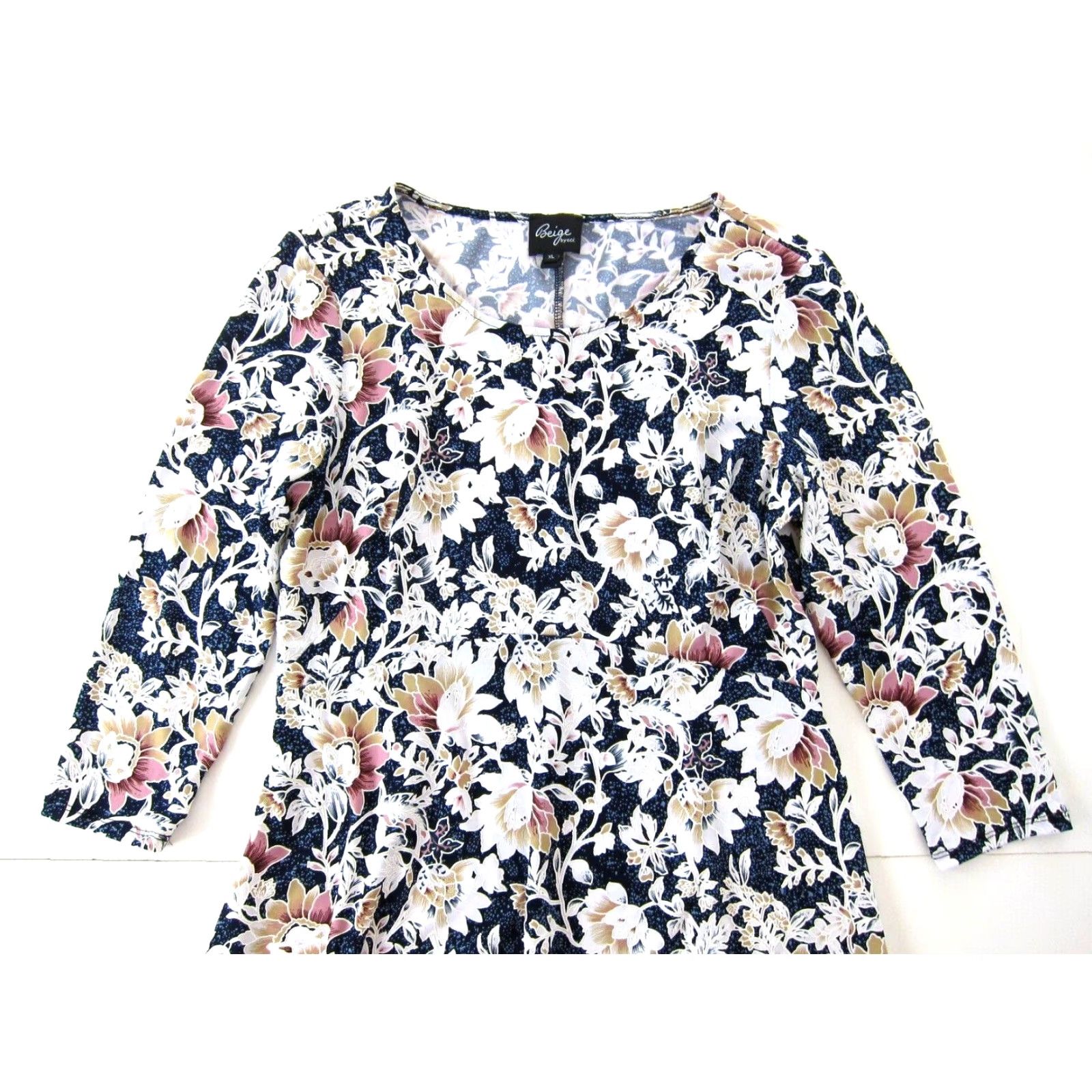 Beige By Eci Blue White Pink Floral Stretch Long Sleeve Tunic Smock Dress XL