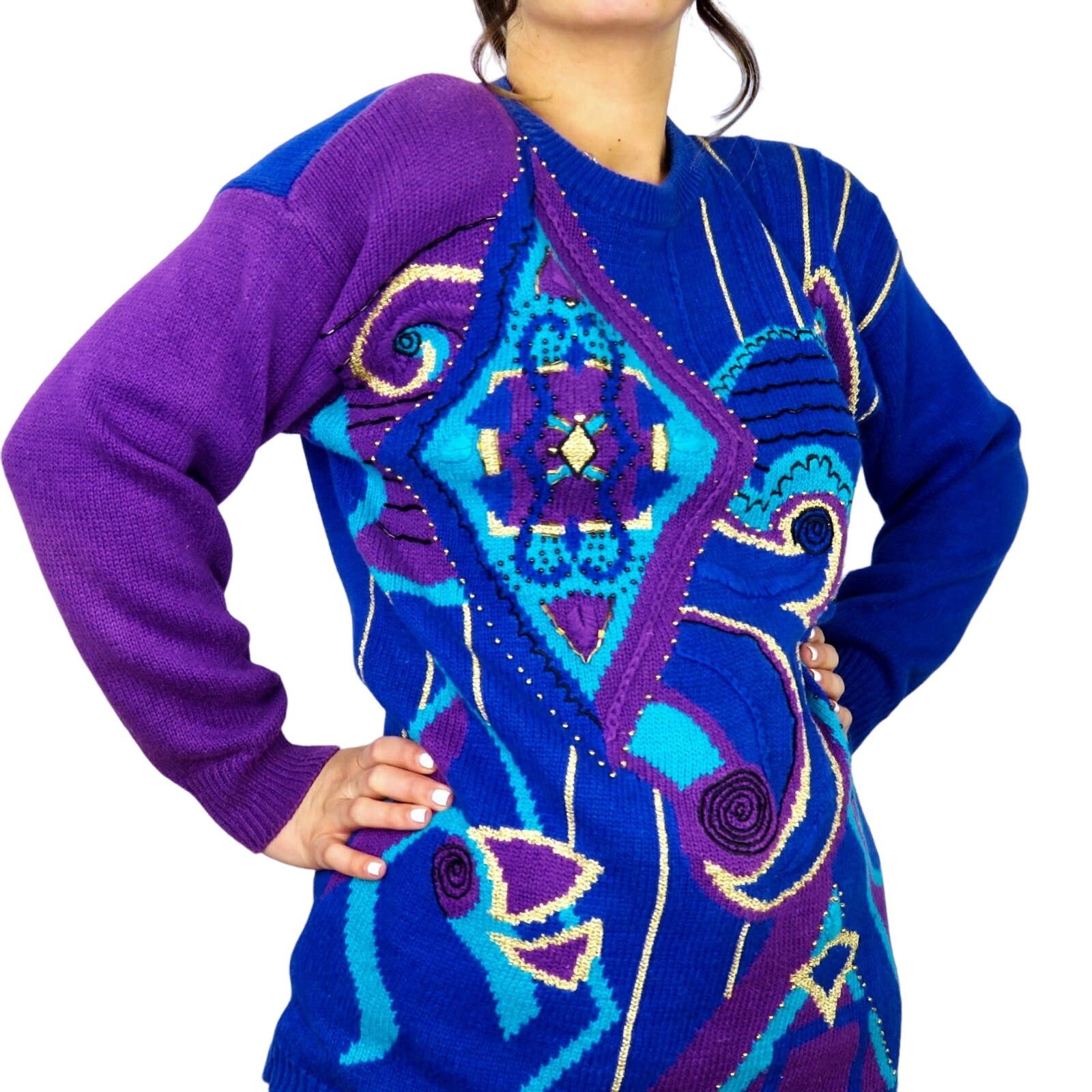Vintage 1980s Purple Blue Chunky Knit Vintage Abstract Sweater Small Size US S / EU 44-46 / 1 - 1 Thumbnail