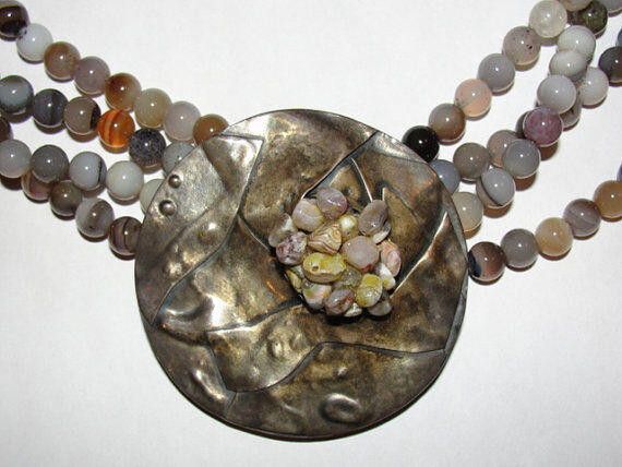 Designer Sterling Silver & Grey and White Banded Agate Bead Necklace Size ONE SIZE - 1 Thumbnail