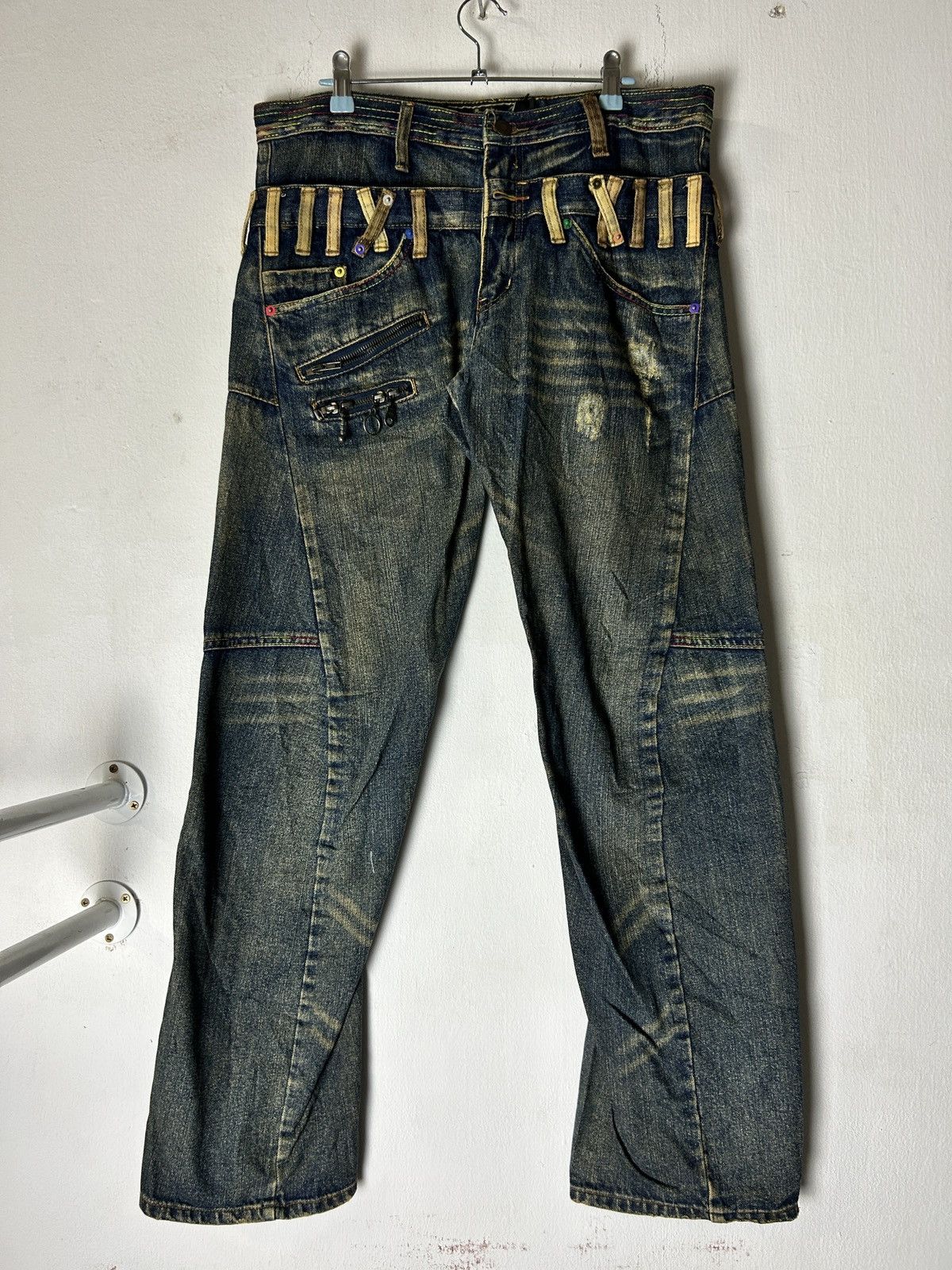 Japanese Brand Breath Mint Double Waist Jeans Sick Faded Bondage Punk Size US 33 - 1 Thumbnail